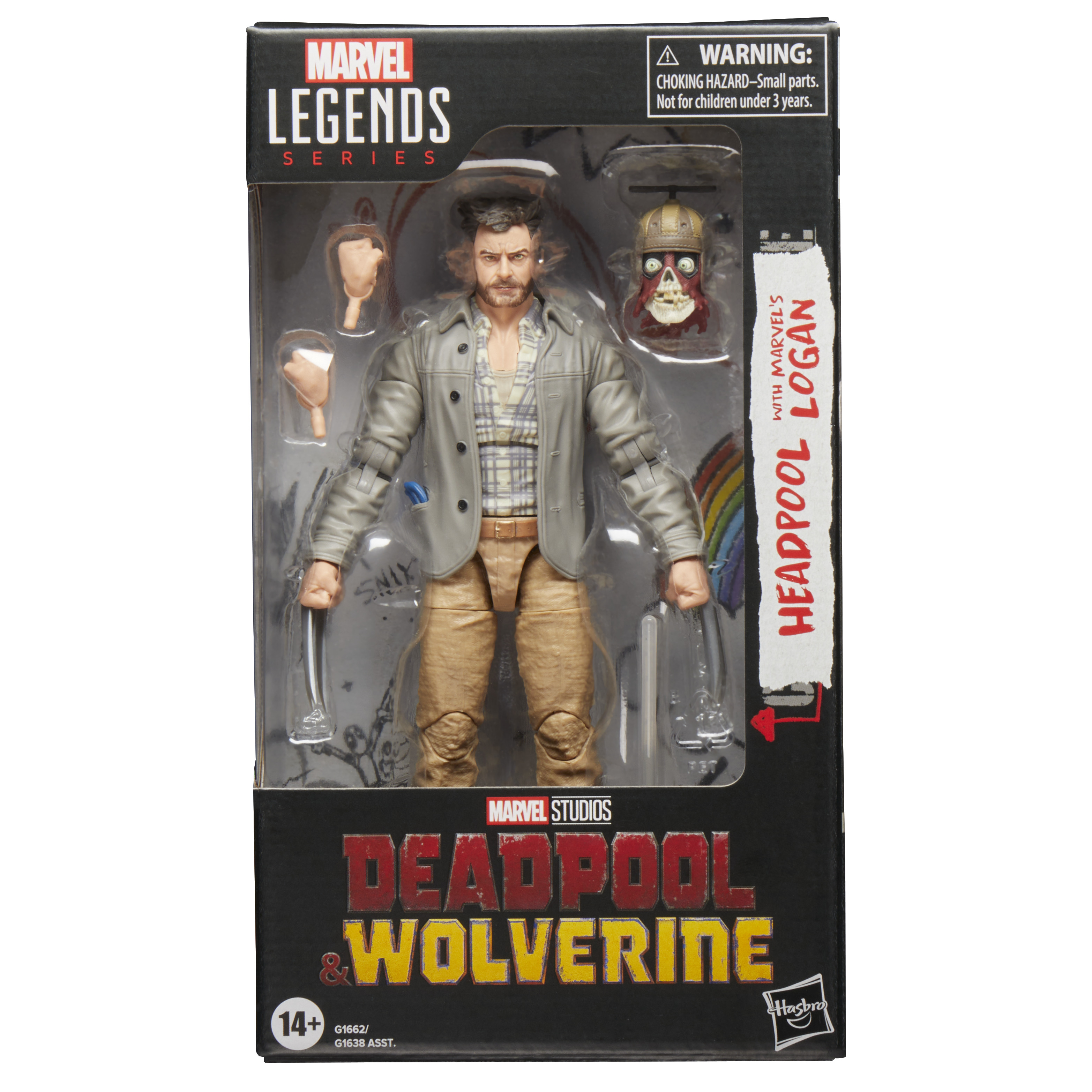 Zestaw figurek Marvel Legends w pudełku. Zawiera figurkę Wolverine, głowę Deadpoola i akcesoria. Grafika na pudełku przedstawia Deadpool & Wolverine.