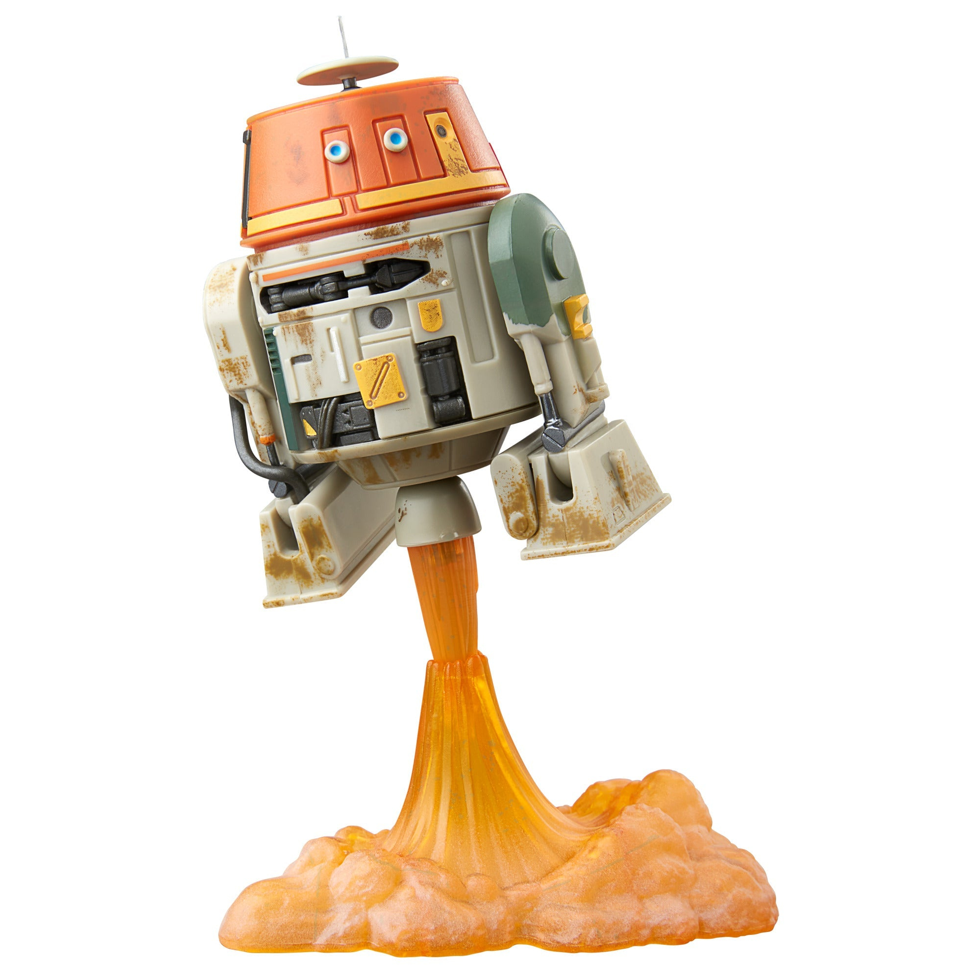 Un giocattolo robot di Star Wars, testa arancione, corpo bianco sporco, su un supporto arancione a forma di fiamma, isolato su bianco.