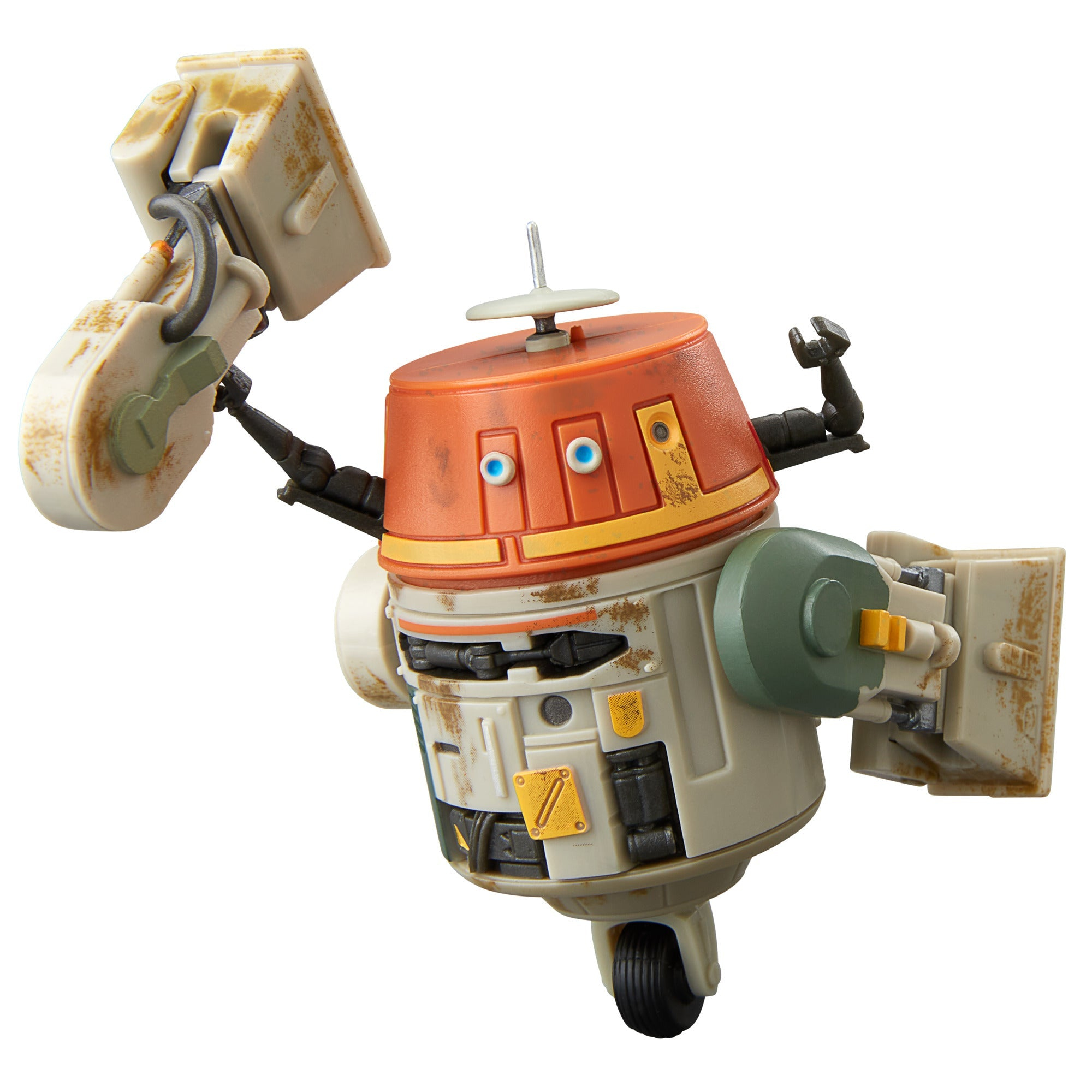Un robot giocattolo con testa arancione, occhi blu e corpo beige. Ha una ruota, braccia e attrezzi.