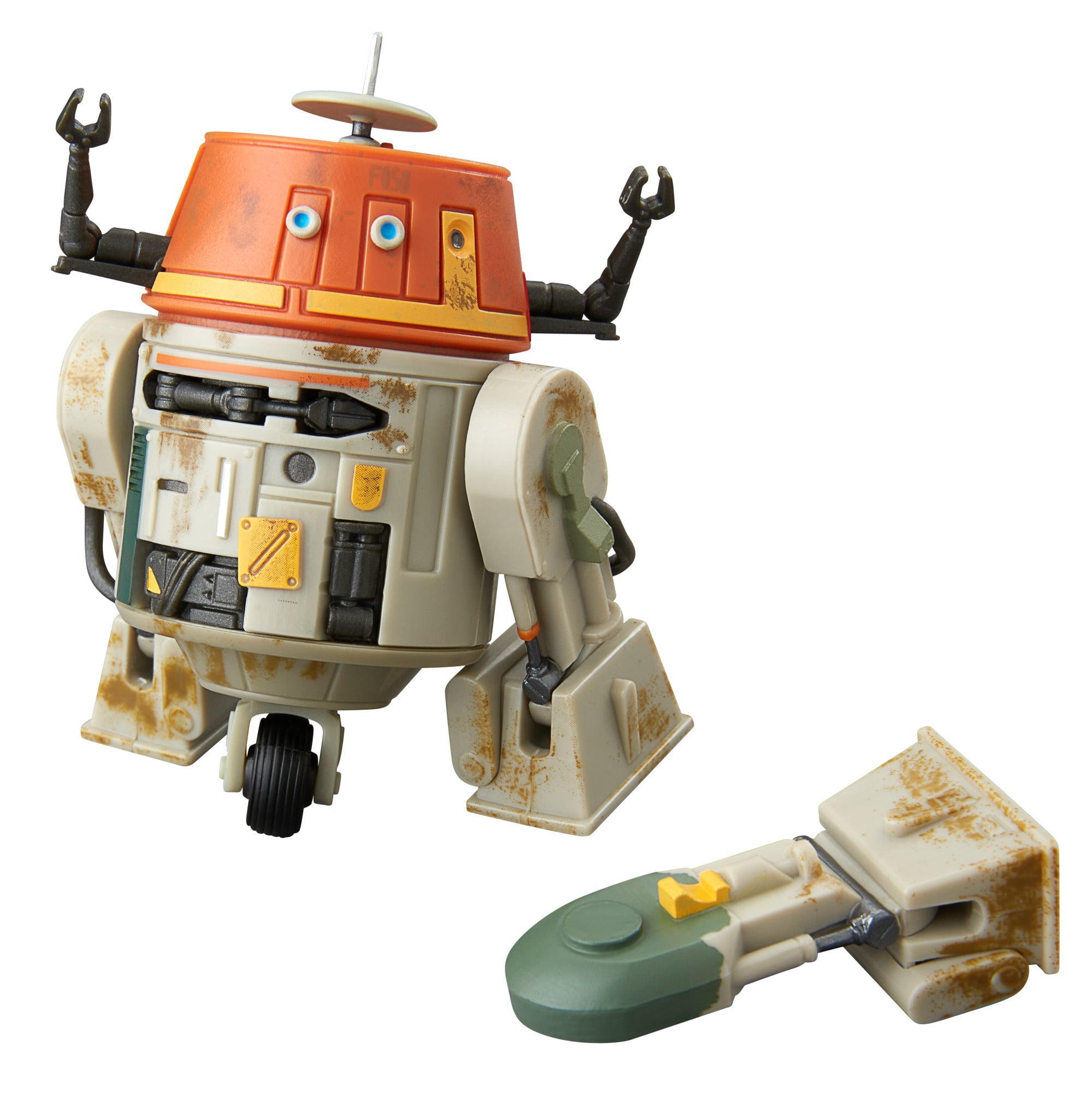 Un giocattolo droide di Star Wars, testa arancione, corpo grigio, due braccia alzate. Parte staccabile a terra.