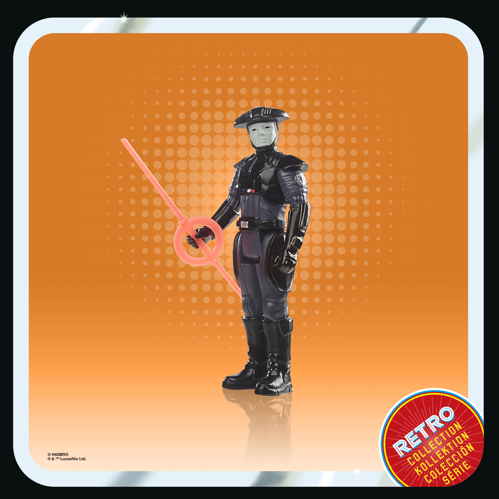 Figura di un personaggio di Star Wars, con elmetto e spada laser rossa. C'è un'etichetta di collezione retrò a destra.