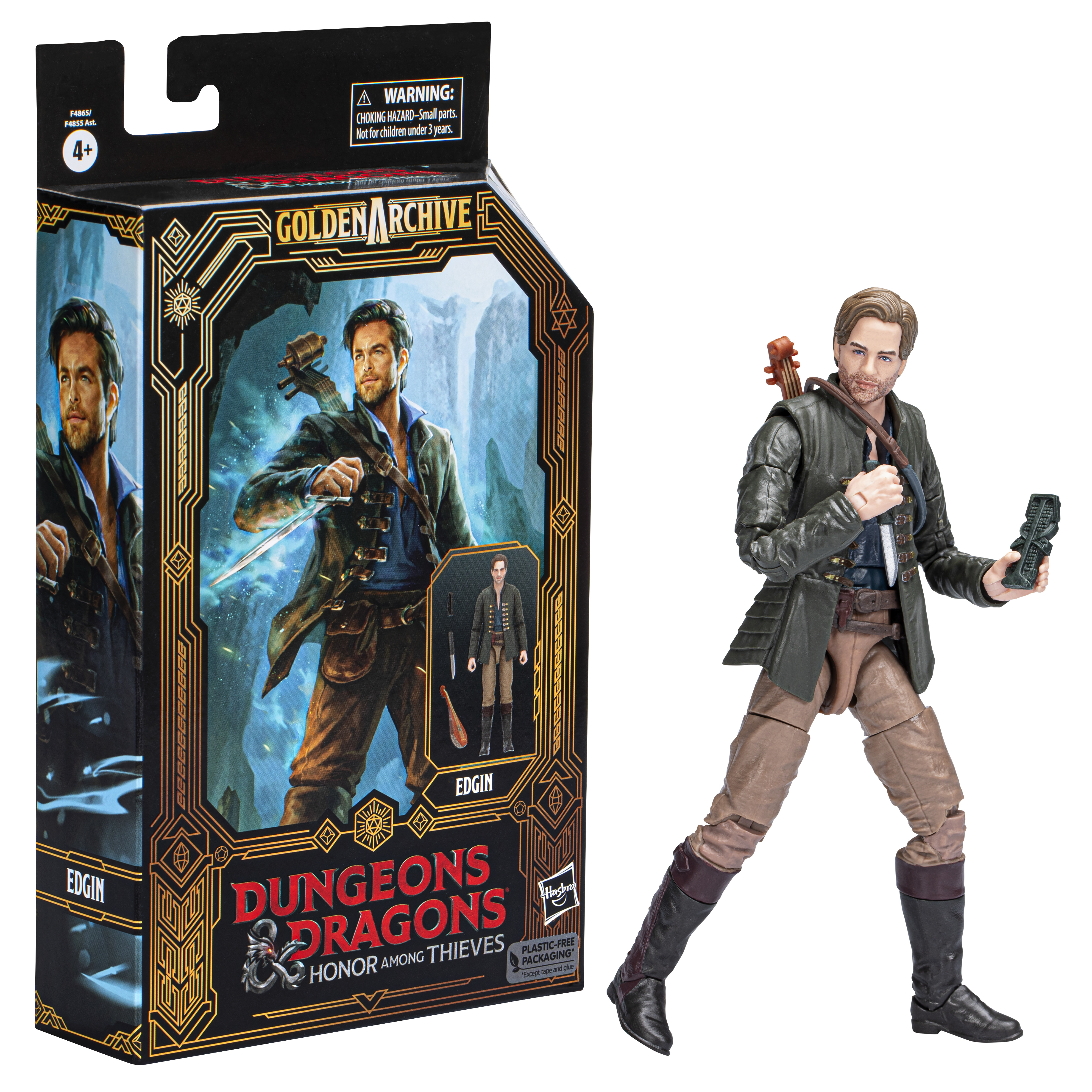 Dungeons & Dragons'tan Edgin'in aksiyon figürü. Bir lavta ve bir cihaz tutuyor, kutunun yanında duruyor.