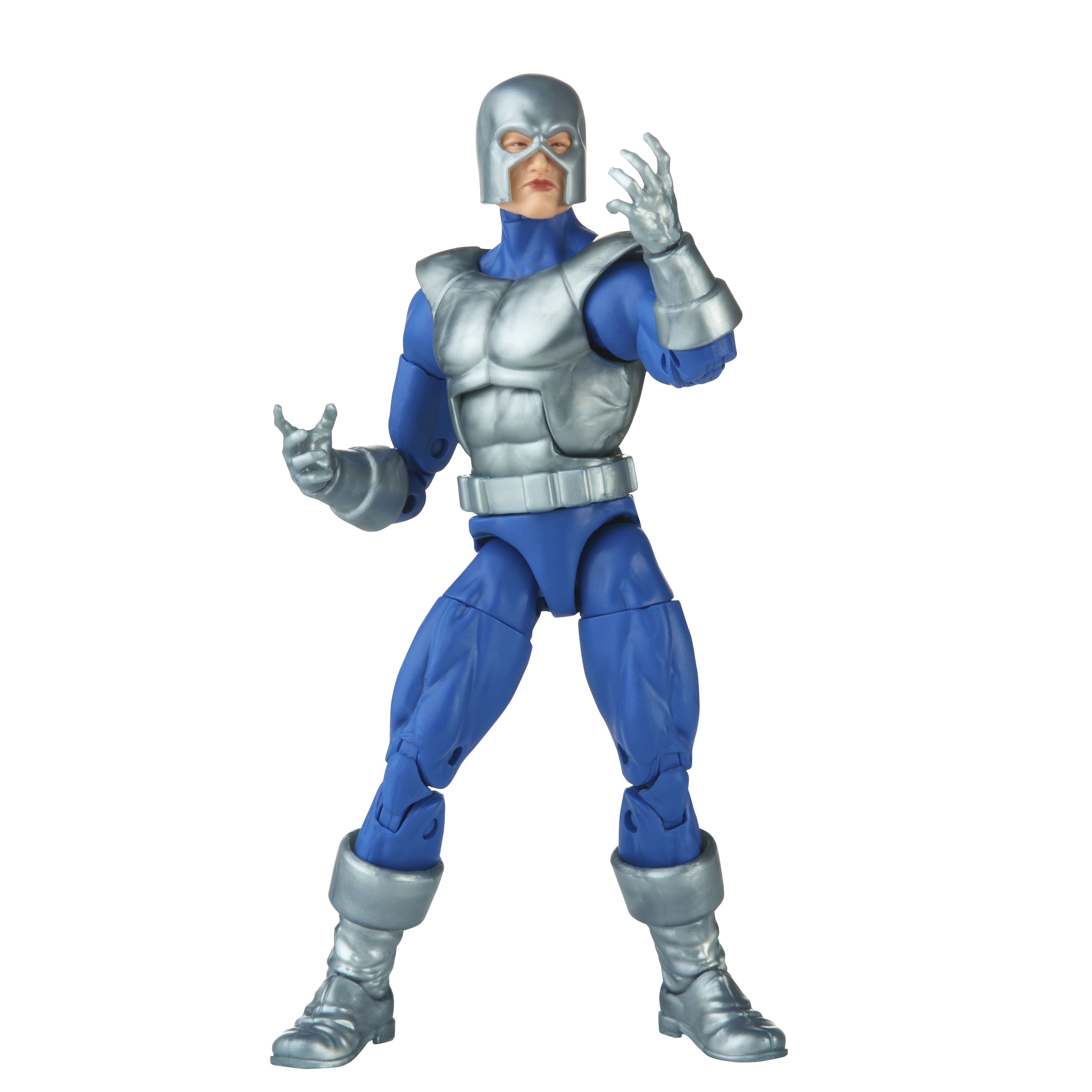 Action figure di un uomo in tuta blu e argento. Indossa un elmetto e alza le mani.