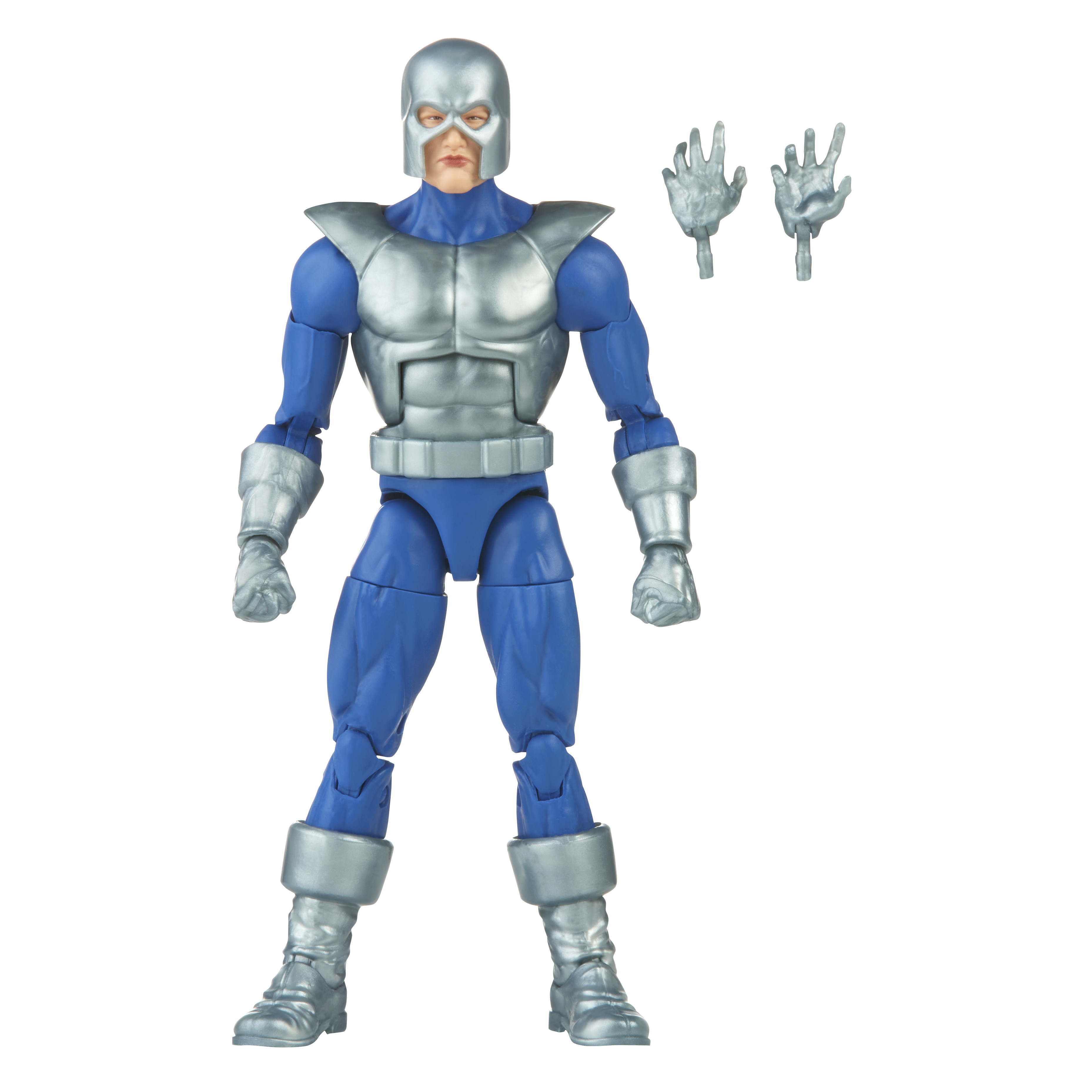 Action figure di un supereroe blu e argento, con due mani extra. La figura è su sfondo bianco.