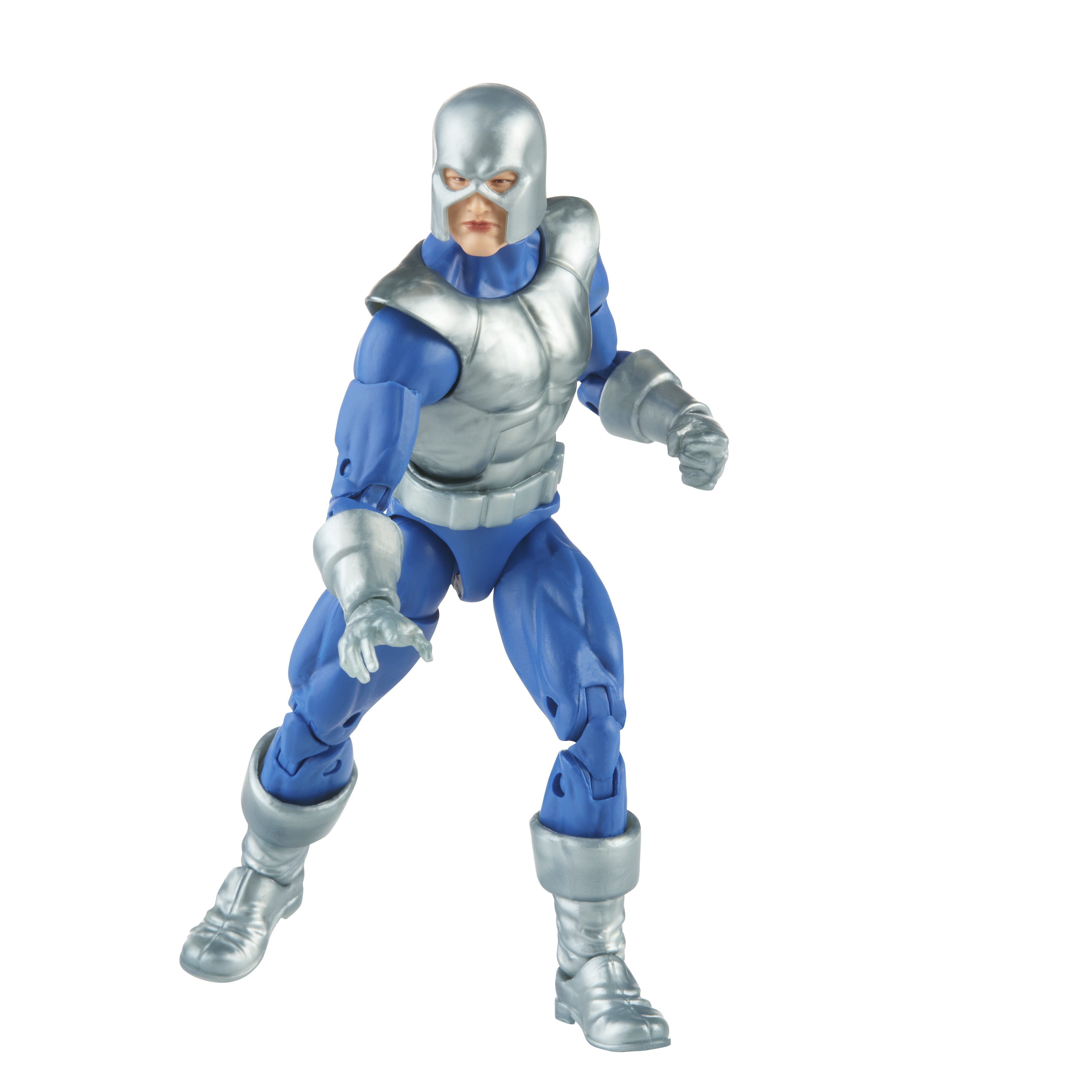 Una action figure di supereroe. La figura indossa un elmetto argentato, un'armatura pettorale, guanti e stivali, con un body blu. Lo sfondo è bianco.