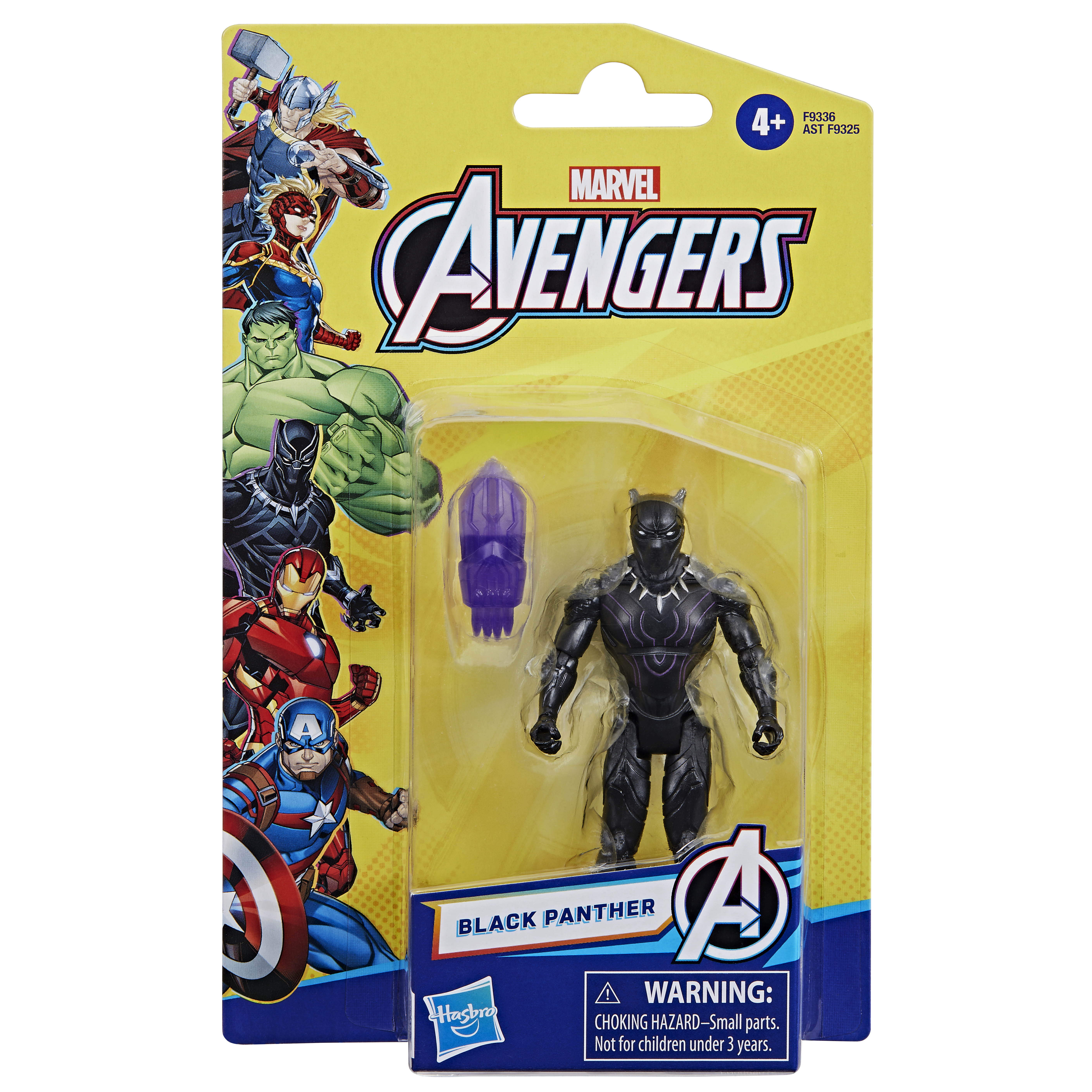 Figurka Black Panther w opakowaniu Marvel Avengers. Opakowanie zawiera zdjęcia kilku postaci z Avengers.