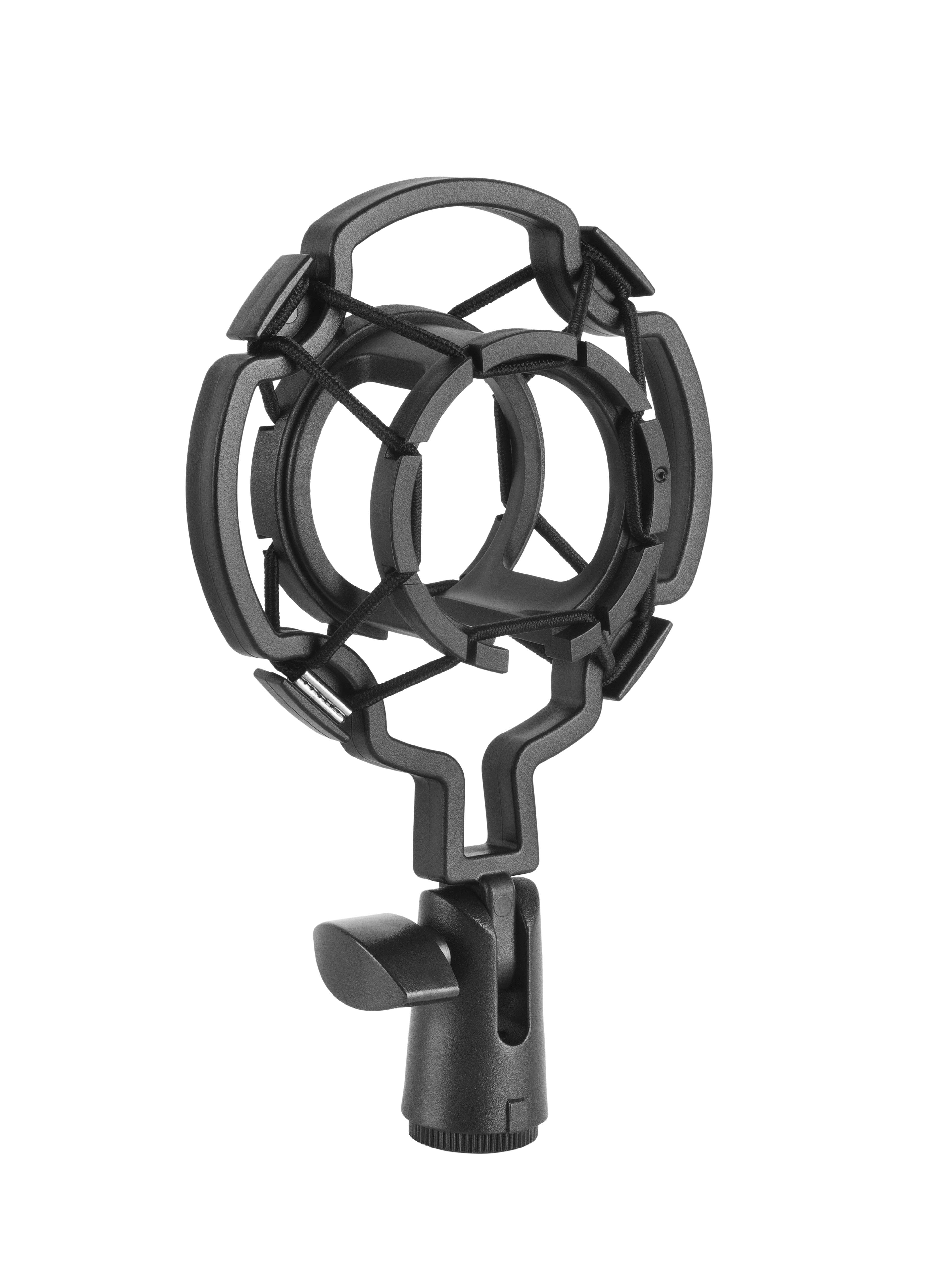 Un soporte de micrófono negro, sobre un fondo blanco. Tiene un diseño de jaula y un soporte.