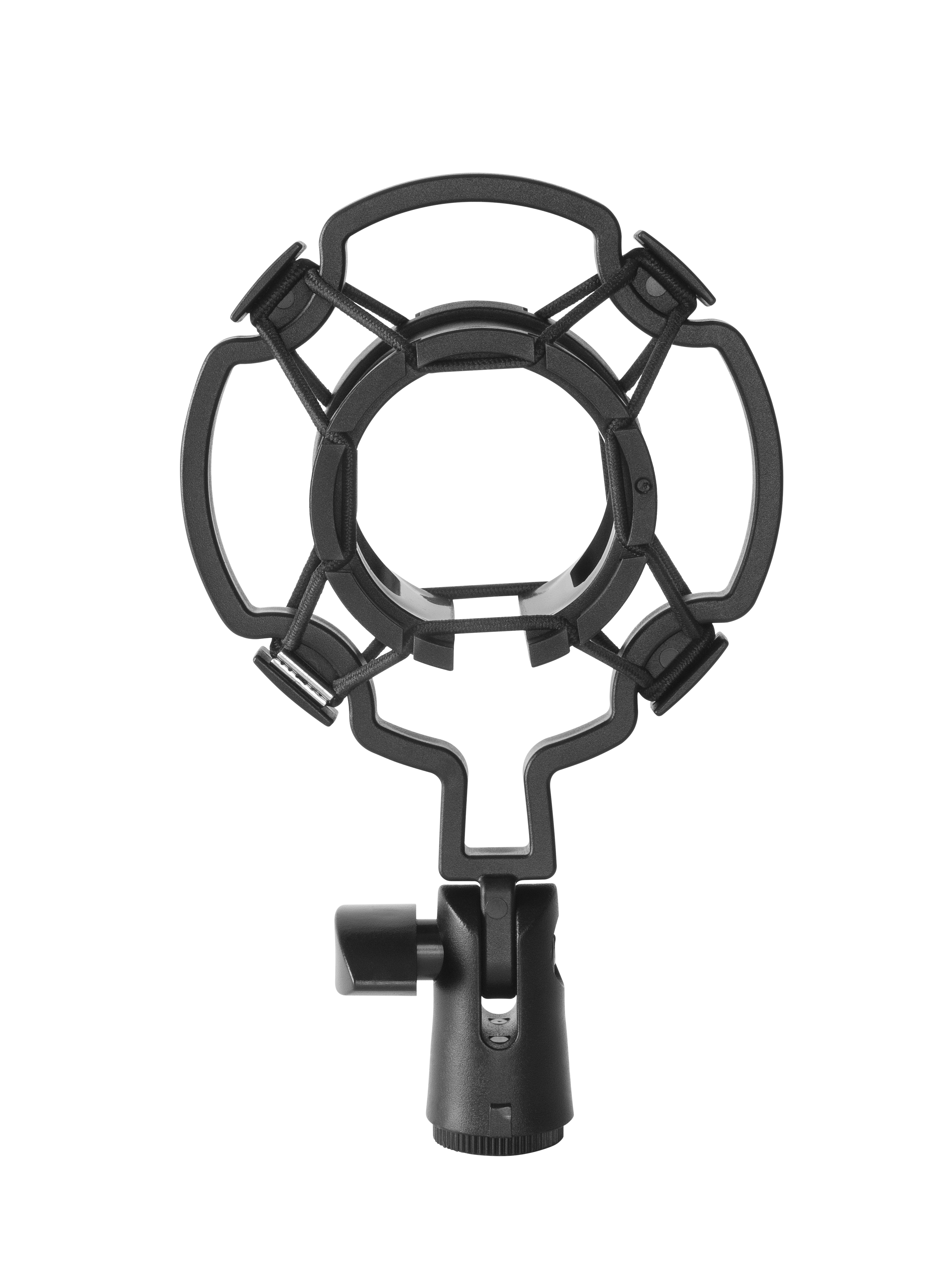 Un soporte de choque para micrófono negro, que consiste en una jaula circular sujeta por una junta y una base.