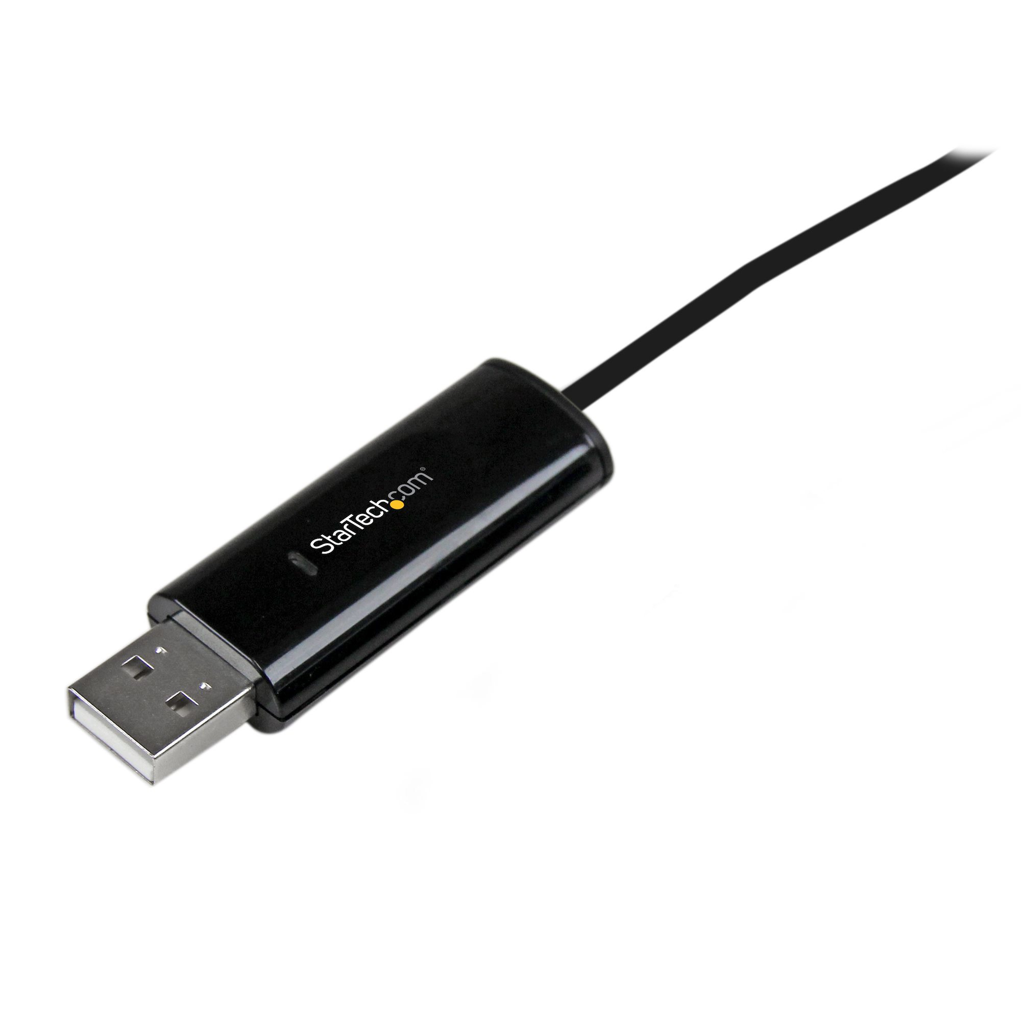 Un adaptador USB negro con cable. Tiene un extremo USB metálico y el logotipo de StarTech.com en el cuerpo negro.