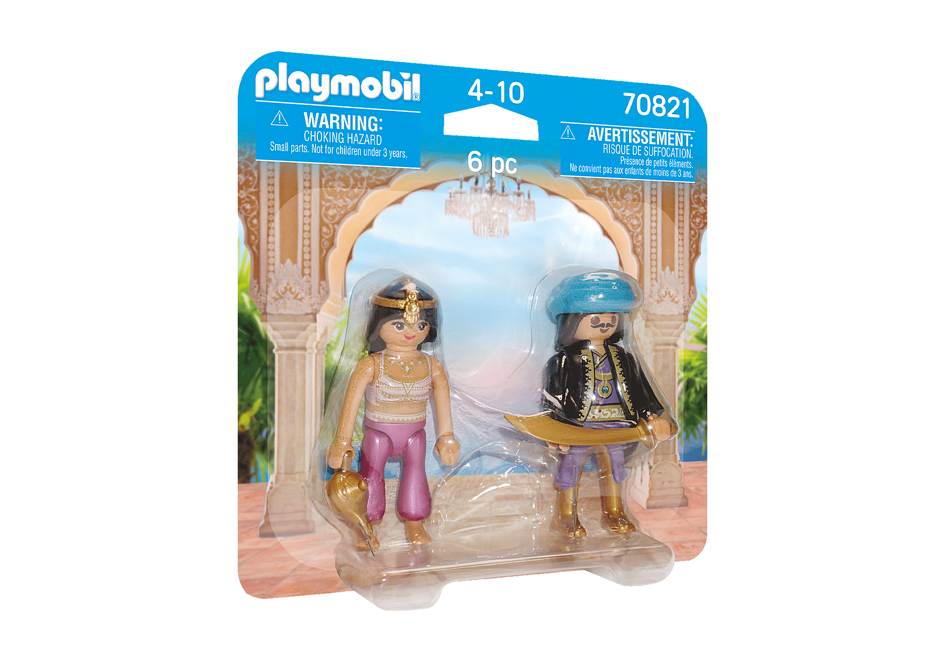 Zestaw Playmobil z dwiema figurkami: kobietą ze złotą lampą i mężczyzną z mieczem, w tematycznym opakowaniu.