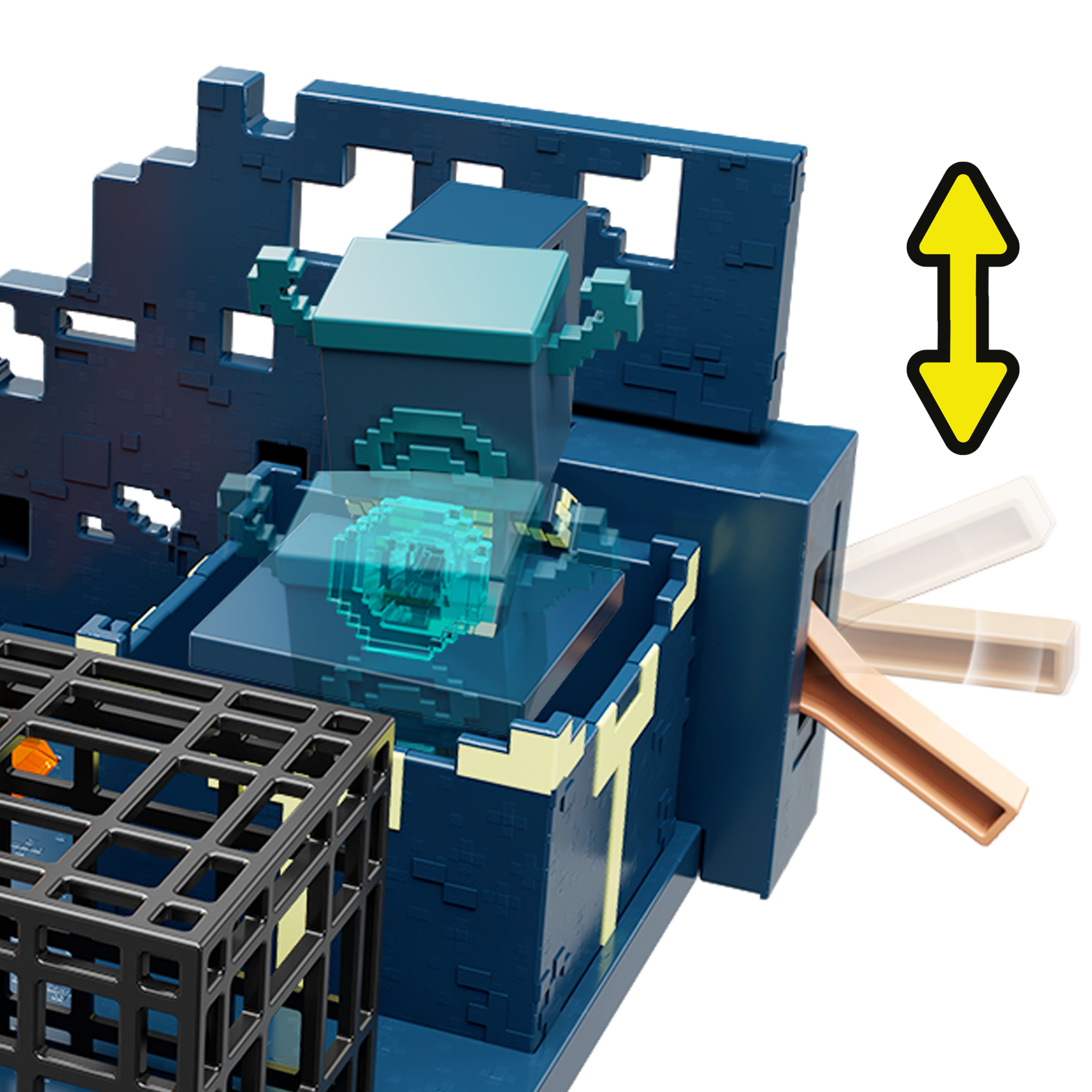 Niebieska i beżowa struktura Minecraft z czarną klatką i żółtą strzałką. Beżowa dźwignia jest pociągnięta.