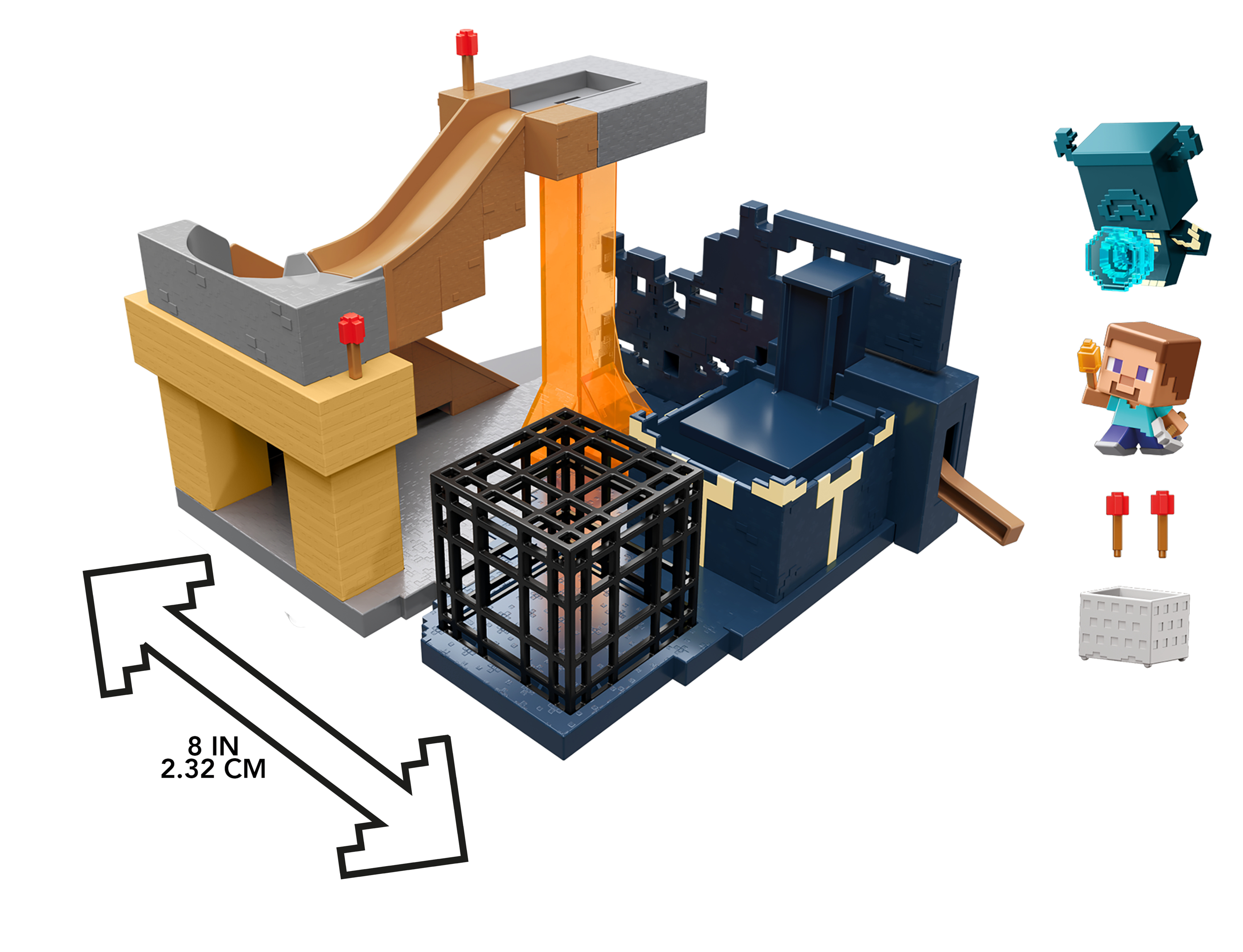 Zestaw do gry Minecraft ze strukturami, figurkami i akcesoriami. Zawiera zjeżdżalnię, klatkę i kilka figurek postaci.