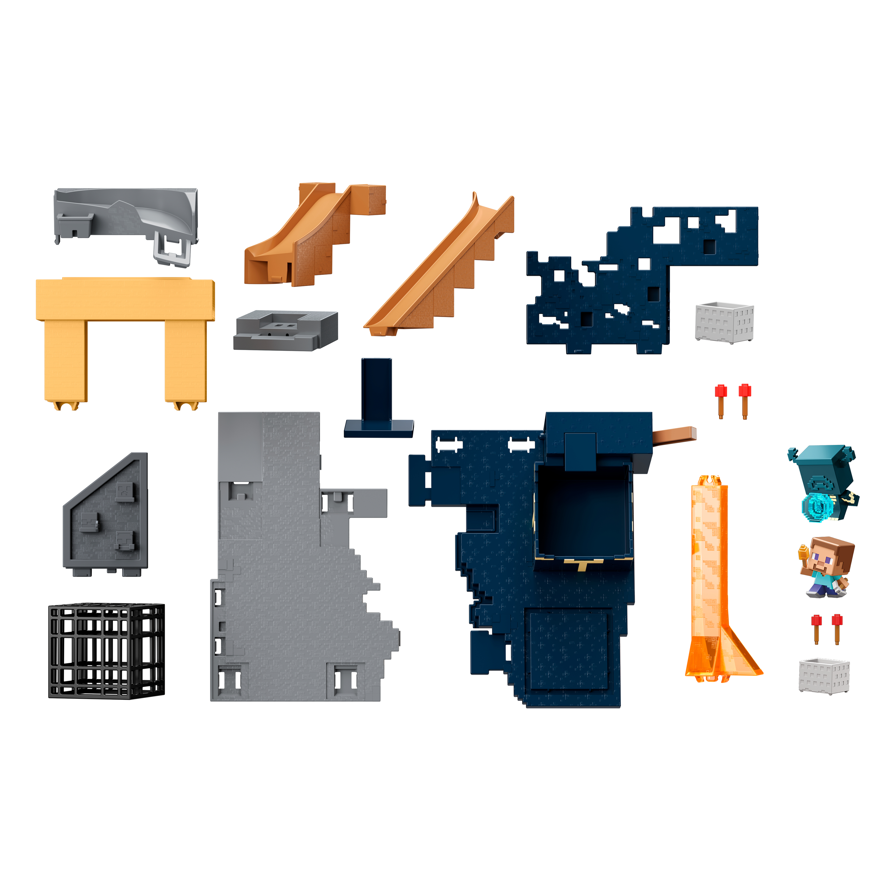 Różne elementy zestawu zabawek Minecraft: rampy, bloki, figurki i akcesoria, wyizolowane na białym tle.