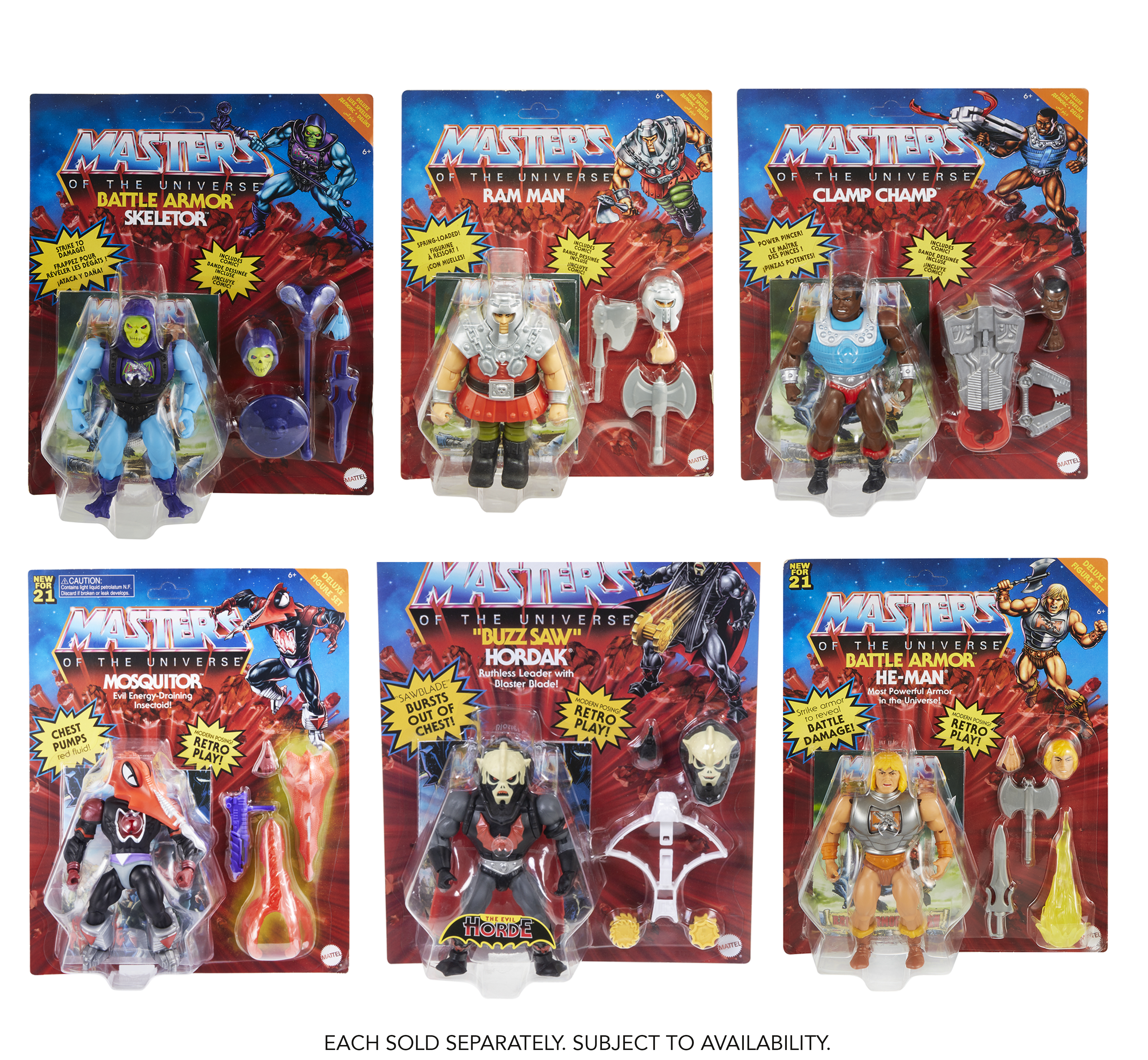 Sześć opakowań figurek akcji postaci z Masters of the Universe. Każdy ma postać i akcesoria.