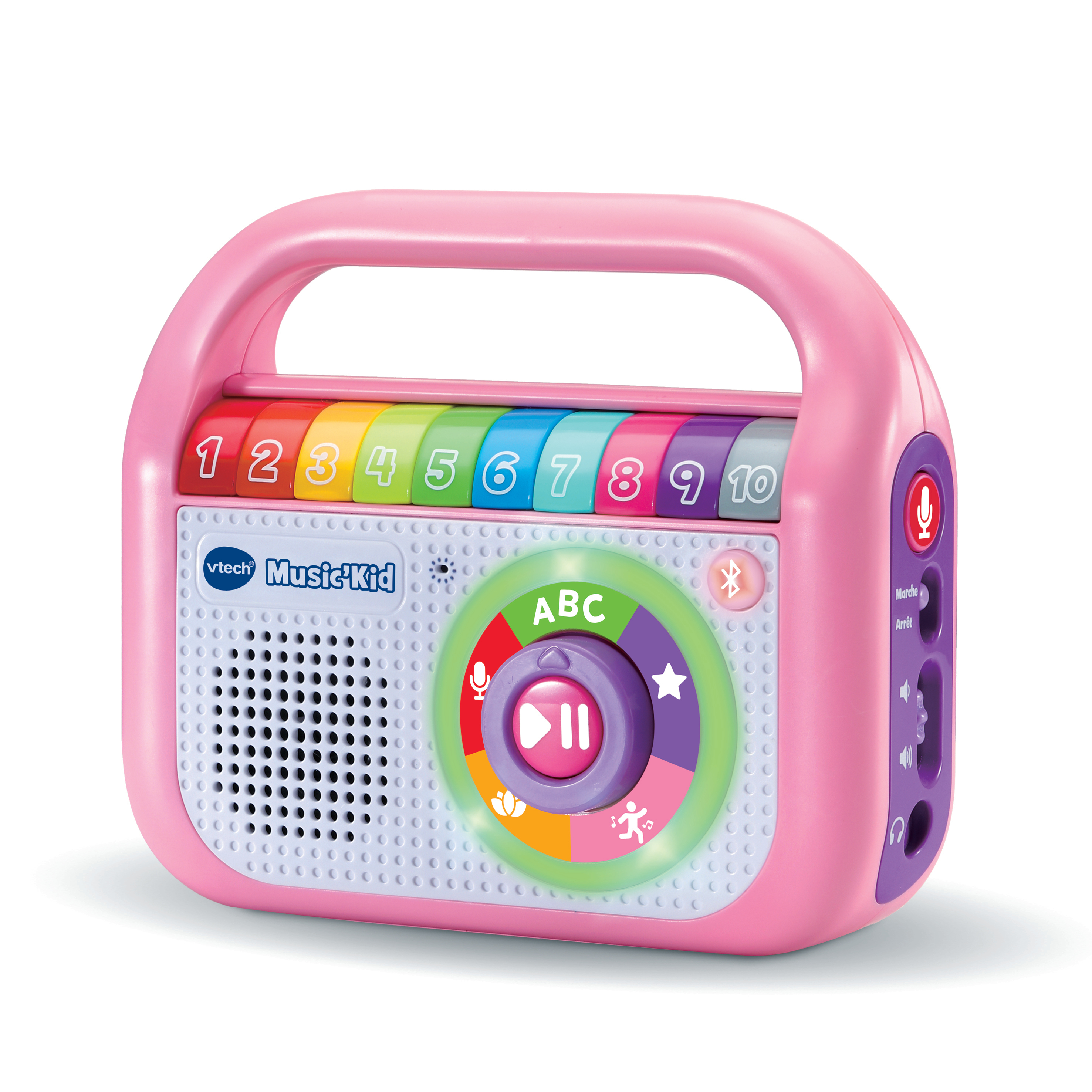 Ein rosa Music Kid Spielzeugradio mit bunten Knöpfen und einem Griff. Es hat die Zahlen 1-10 und eine Play-Taste.