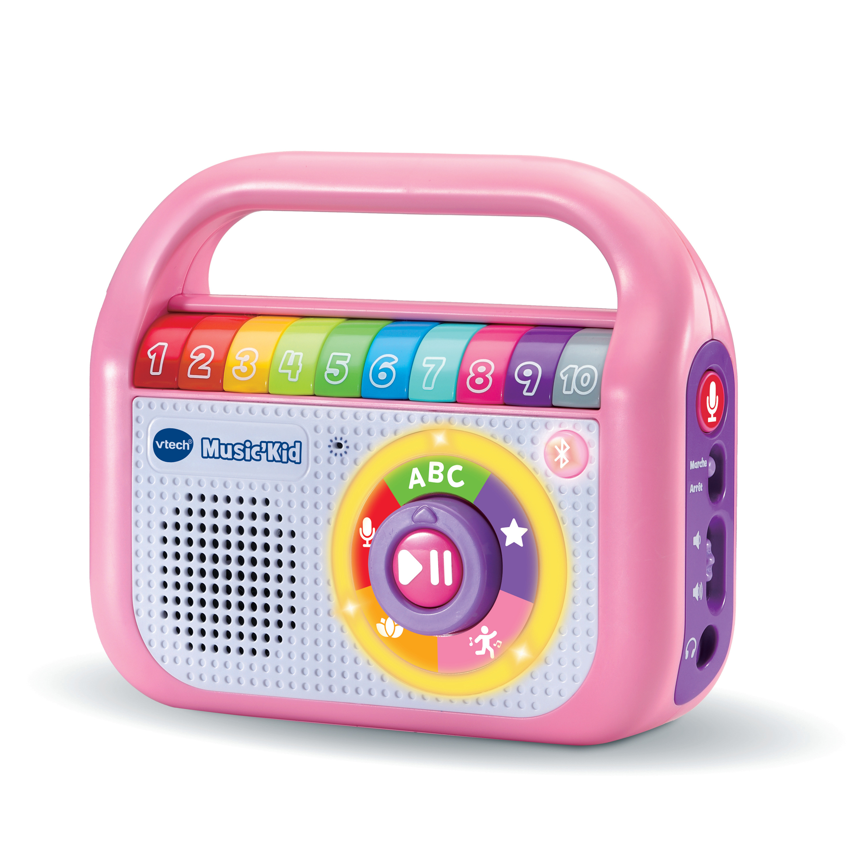 Ein rosa VTech Music Kid Spielzeugradio mit bunten Knöpfen und einem Griff. Es hat einen Lautsprecher, Bedienelemente und ein Mikrofon.
