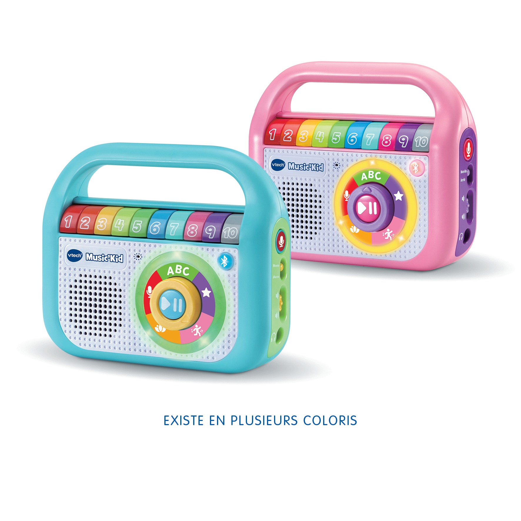 Zwei bunte Musikspieler für Kinder. Blau und rosa, mit Knöpfen und Zahlen.