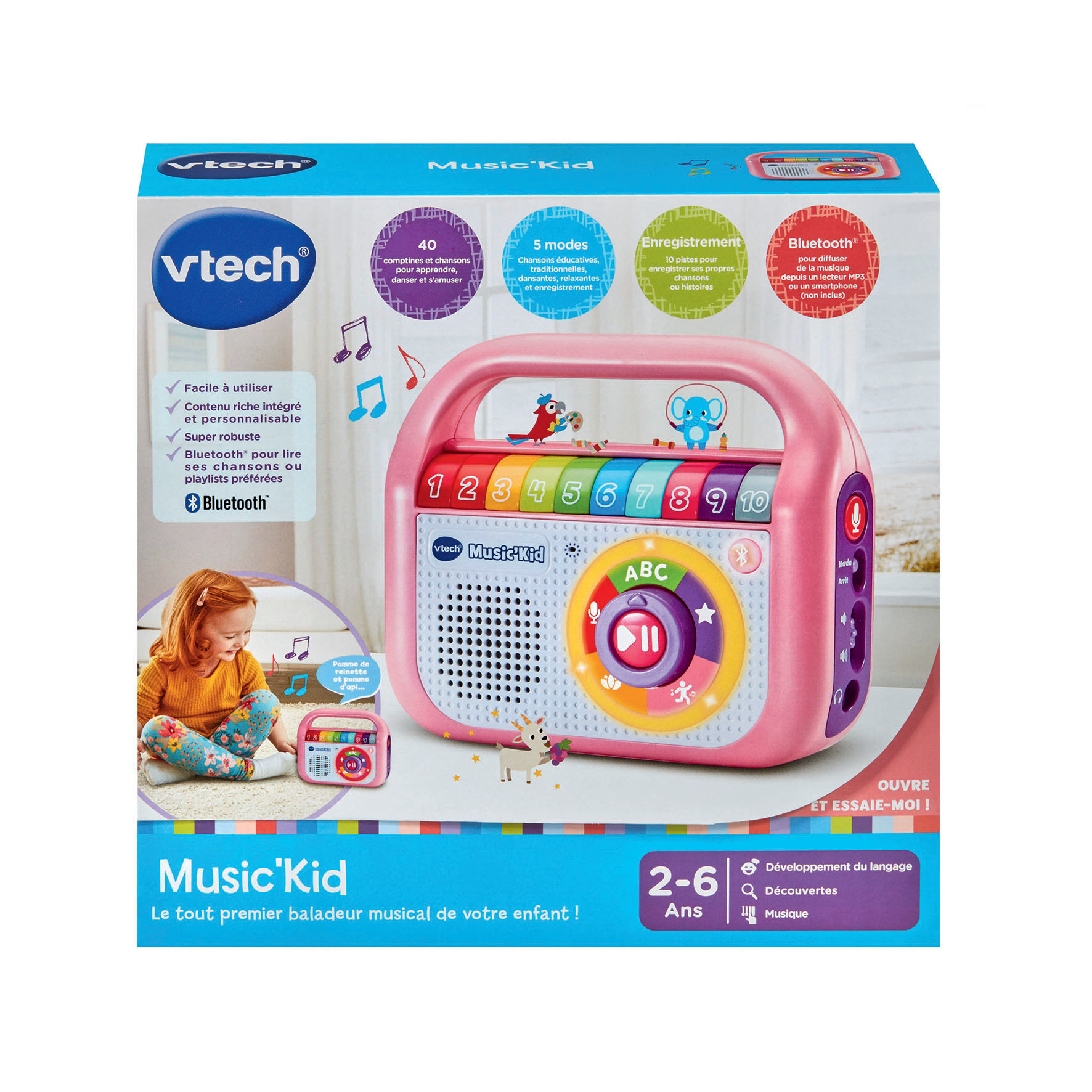 Rosa VTech Music Kid Spielzeug mit bunten Tasten, einem Griff und einem Kind, das mit einem ähnlichen Spielzeug spielt.