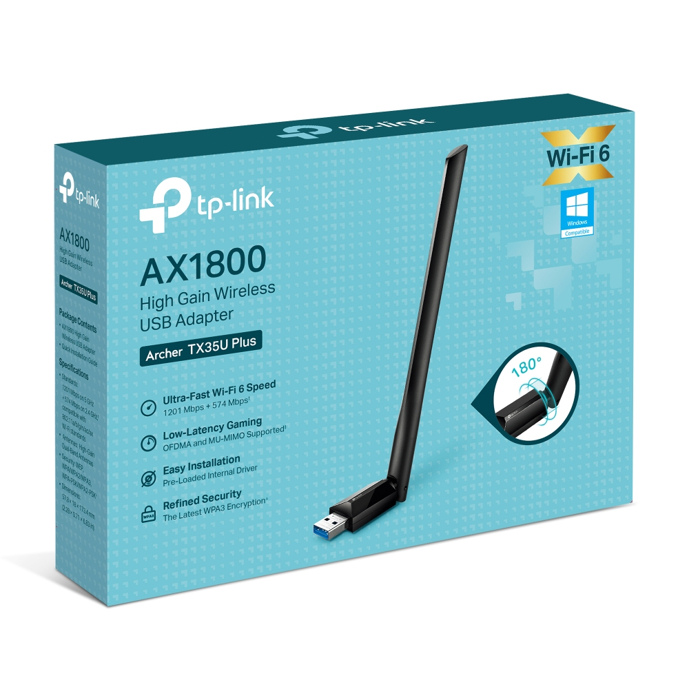 Pudełko adaptera USB TP-Link AX1800. Czarne z niebieskim złączem USB i logo Wi-Fi 6.