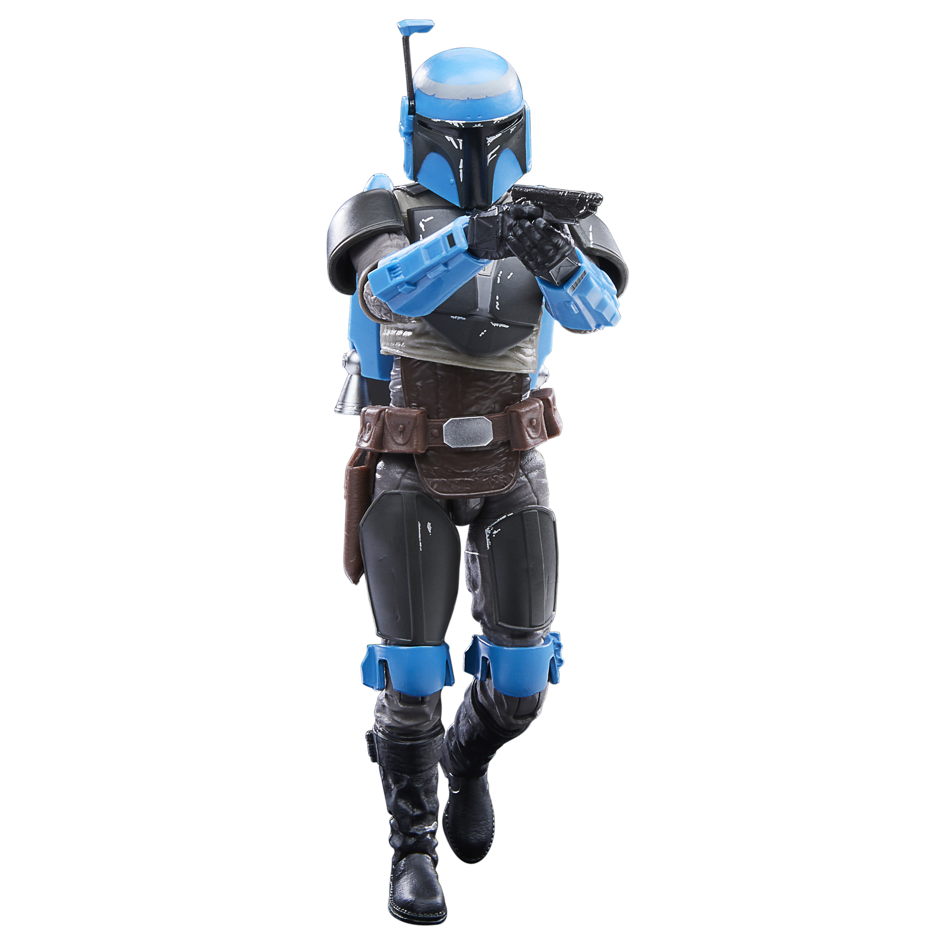 Una figura mandaloriana con armatura blu e nera che tiene un blaster, su sfondo bianco.