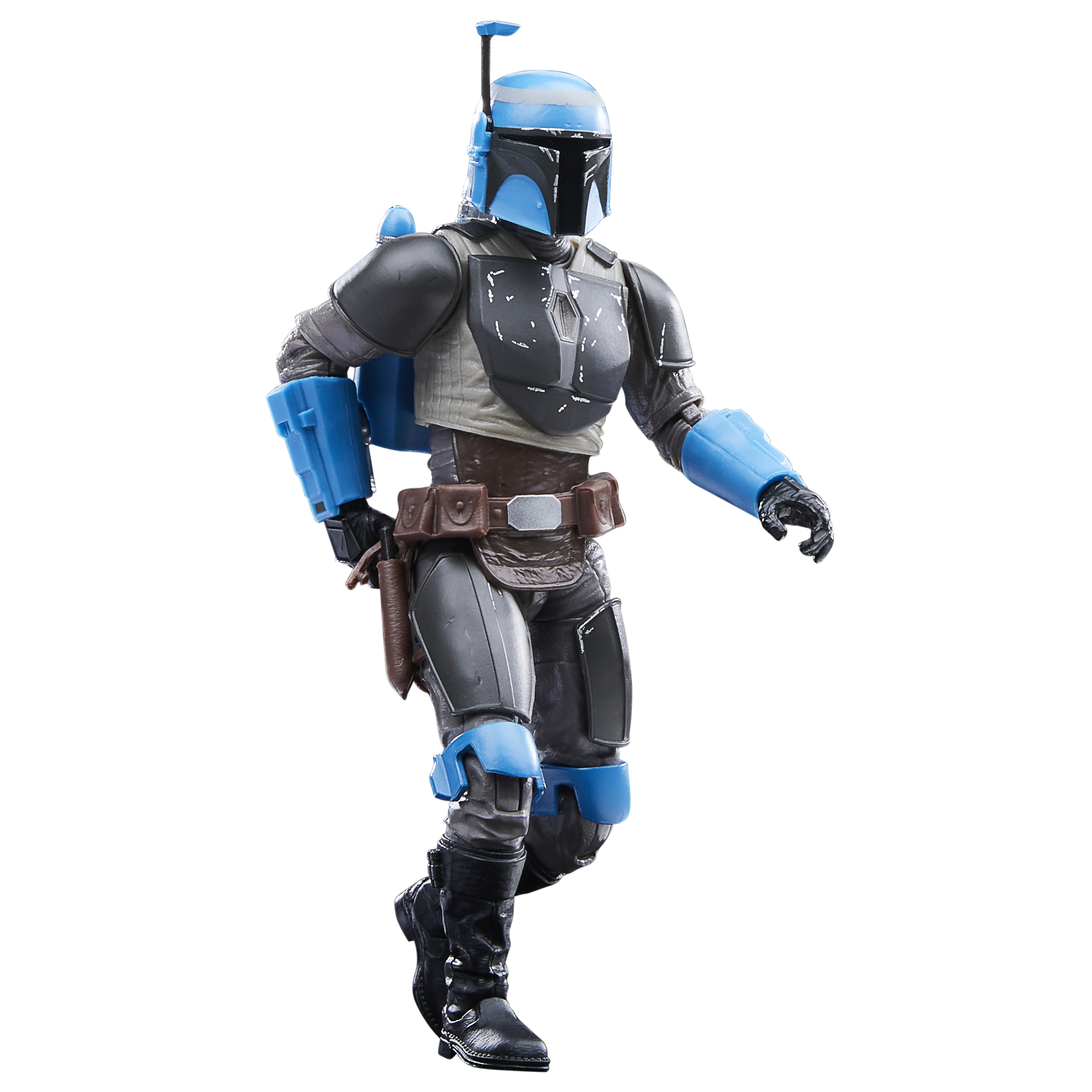 Un personaggio d'azione di Star Wars, un guerriero Mandaloriano con armatura grigia e blu, su sfondo bianco.