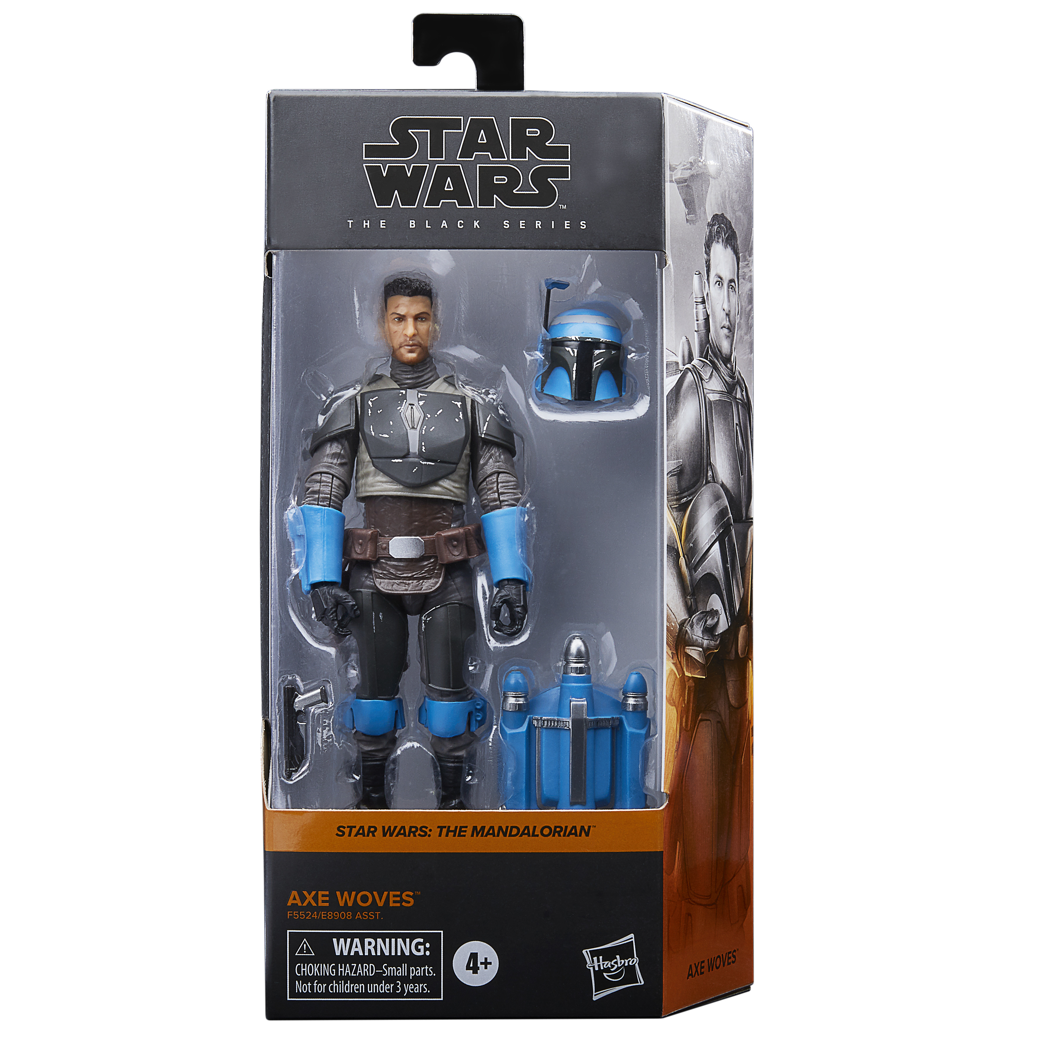 Una action figure di Star Wars di Axe Woves nella confezione. La figura è blu e grigia, in una scatola di plastica.