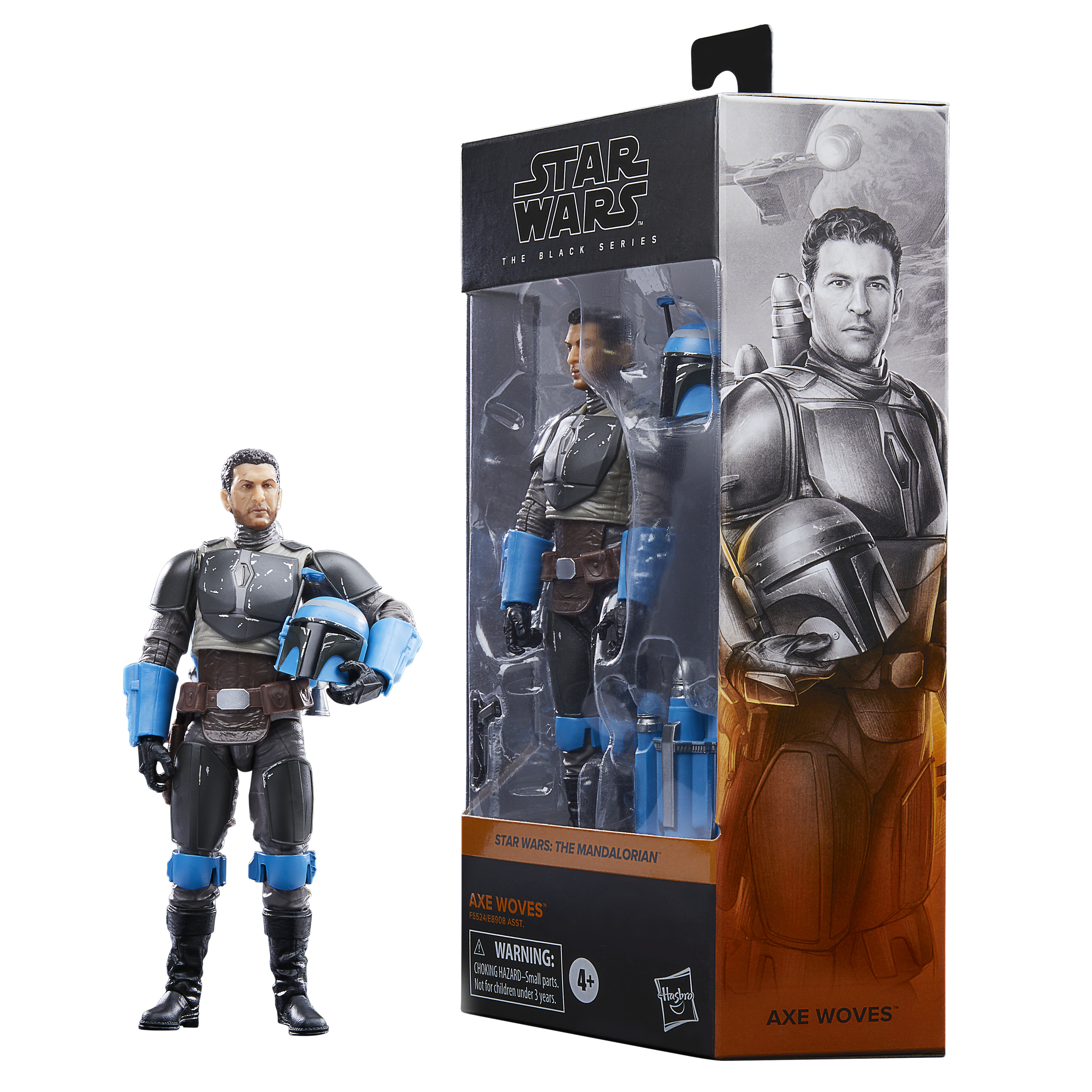 Un personaggio d'azione di Star Wars Axe Woves e la sua scatola. Il personaggio è nero, grigio e blu. La scatola mostra il personaggio e un disegno.