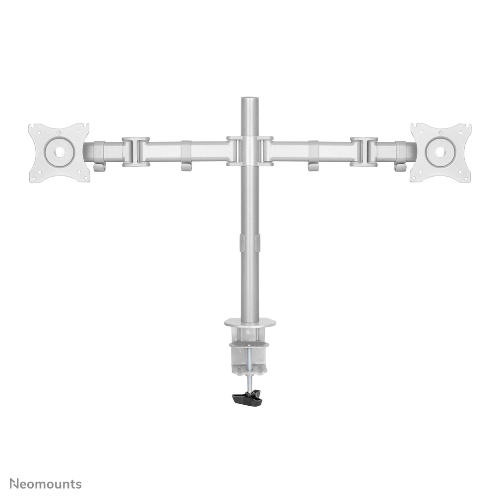 Een zilveren dubbele monitorarm, met een verticale paal en twee horizontale armen voor het monteren van monitoren.