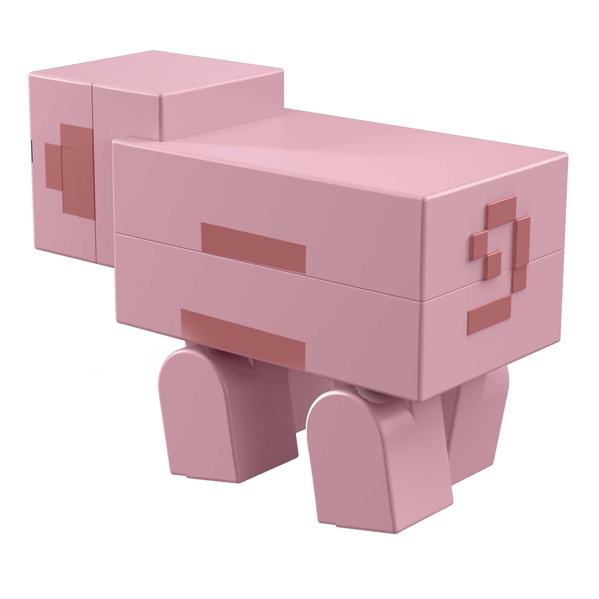 Ein rosafarbenes, blockartiges Spielzeugschwein mit braunen Details. Es hat einen quadratischen Kopf und Körper sowie vier gebogene Beine.