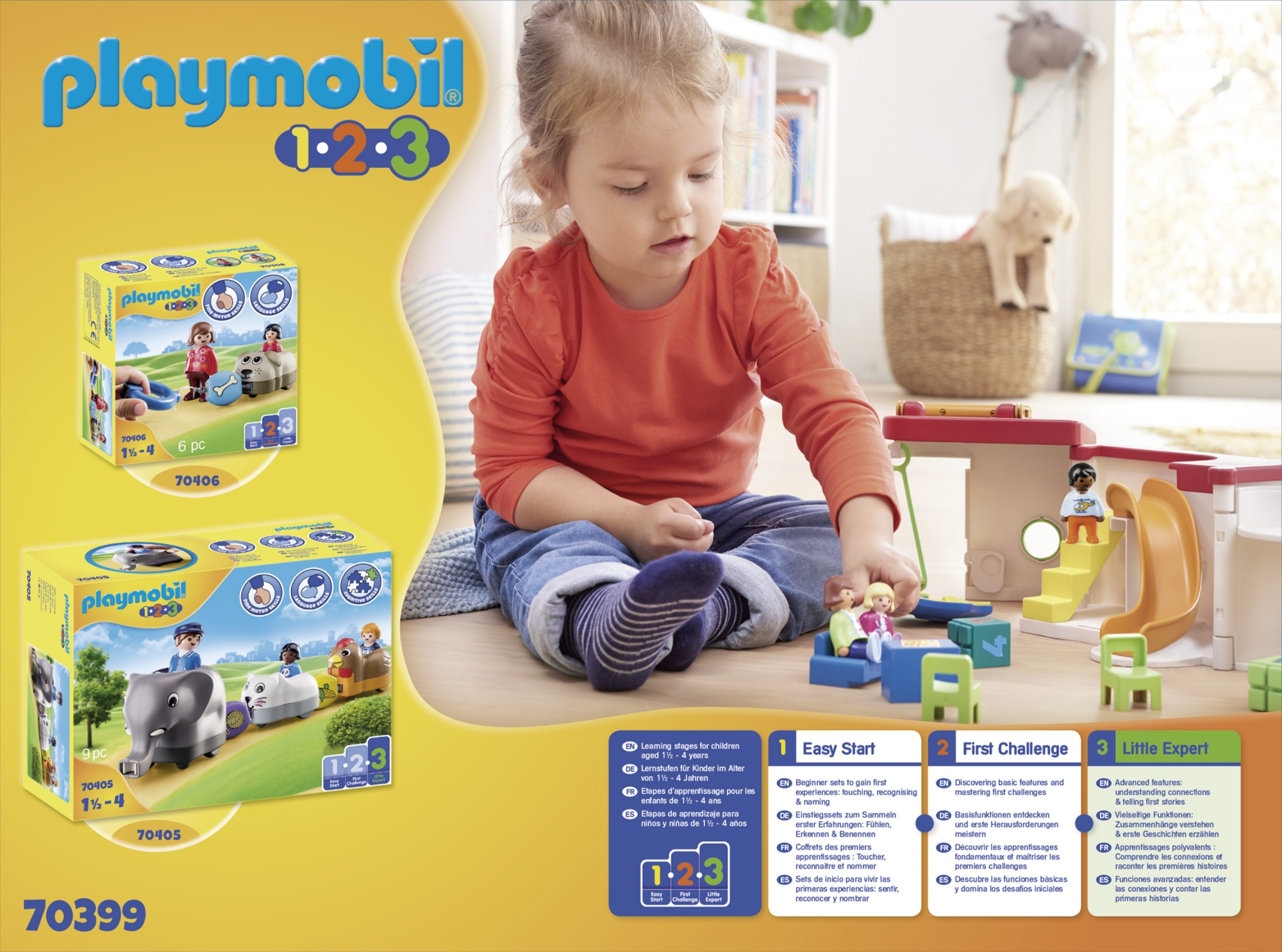 Dziewczynka bawi się zabawkami Playmobil. Widoczne są pudełka z zabawkami i konstrukcja do zabawy. Dziewczynka ma na sobie pomarańczową koszulę i niebieskie dżinsy.