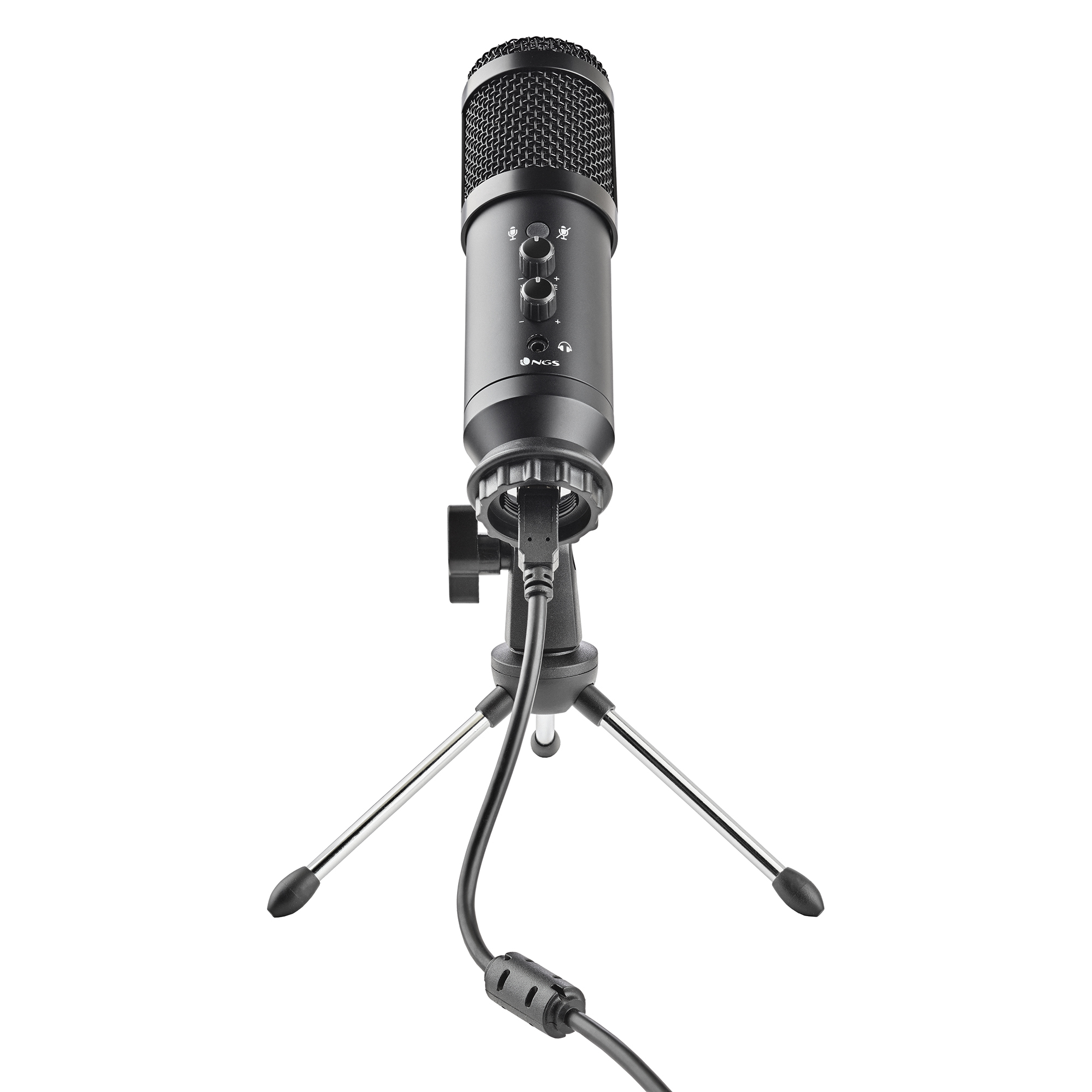 Czarny mikrofon na statywie, z dołączonym przewodem. Tło jest białe.