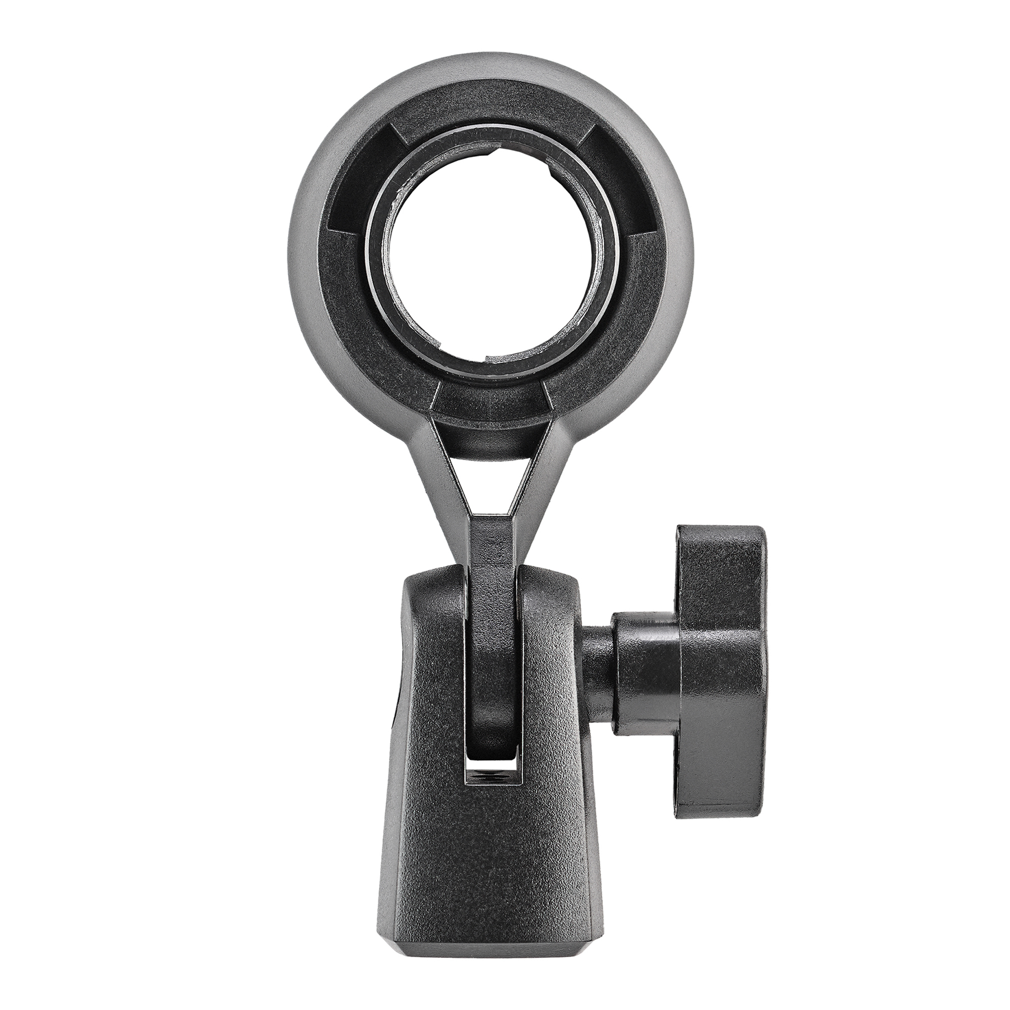 Czarny uchwyt do mikrofonu na białym tle. Ma okrągłą górę, przegub i pokrętło dokręcające.