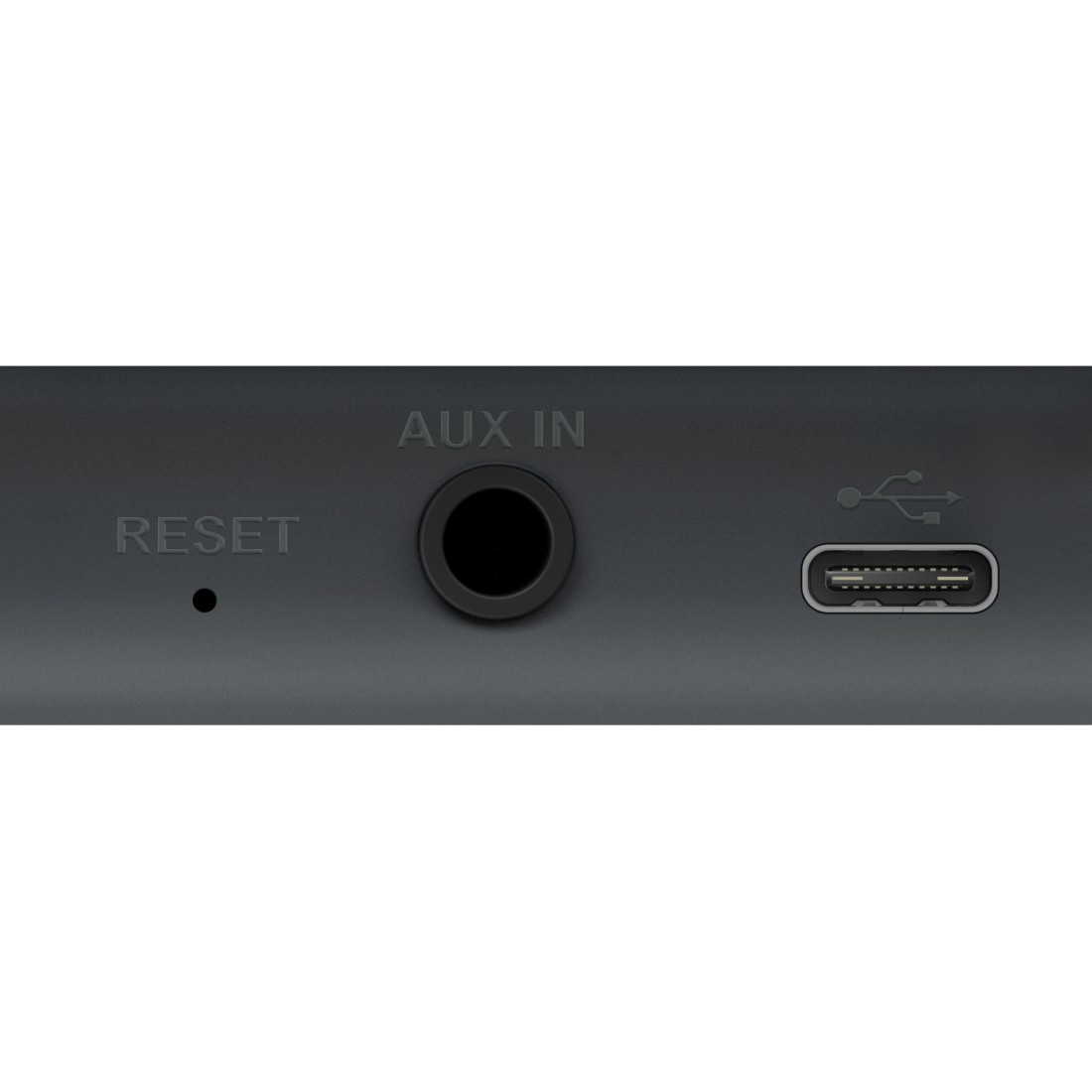 Primo piano di un dispositivo grigio scuro con 'RESET', porta 'AUX IN' e porta USB-C. Sfondo bianco.