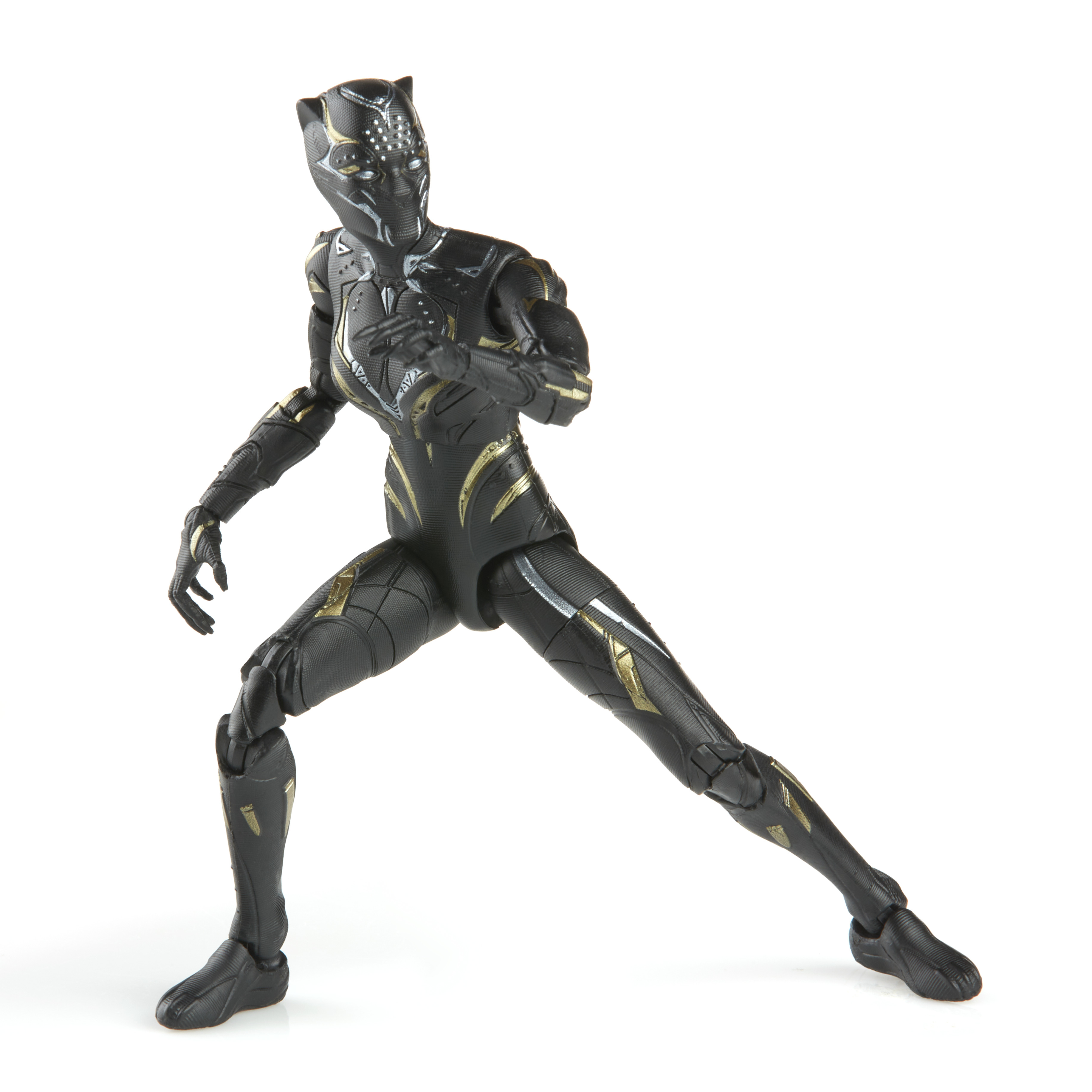 Action figure di Black Panther in posa da combattimento, con dettagli dorati. Sfondo bianco.