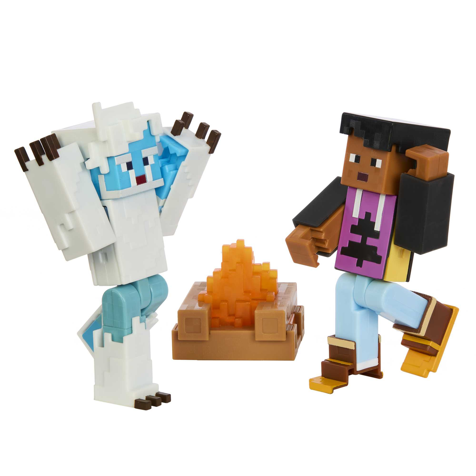 Figurki Minecraft: yeti i postać, z ogniskiem pośrodku. Yeti jest biały i niebieski. Postać jest brązowa.