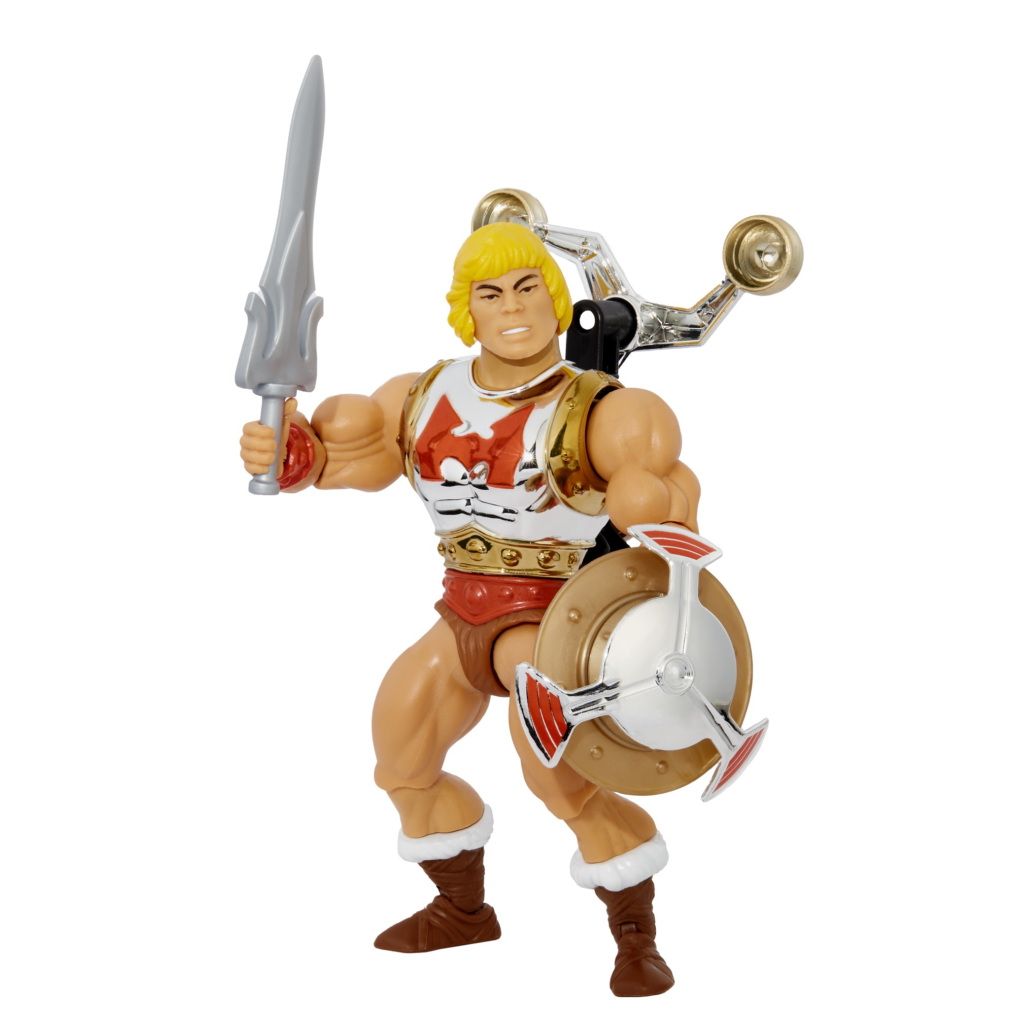 Action figure di He-Man con spada e scudo, in posa di battaglia. Indossa un'armatura, stivali e ha capelli biondi.