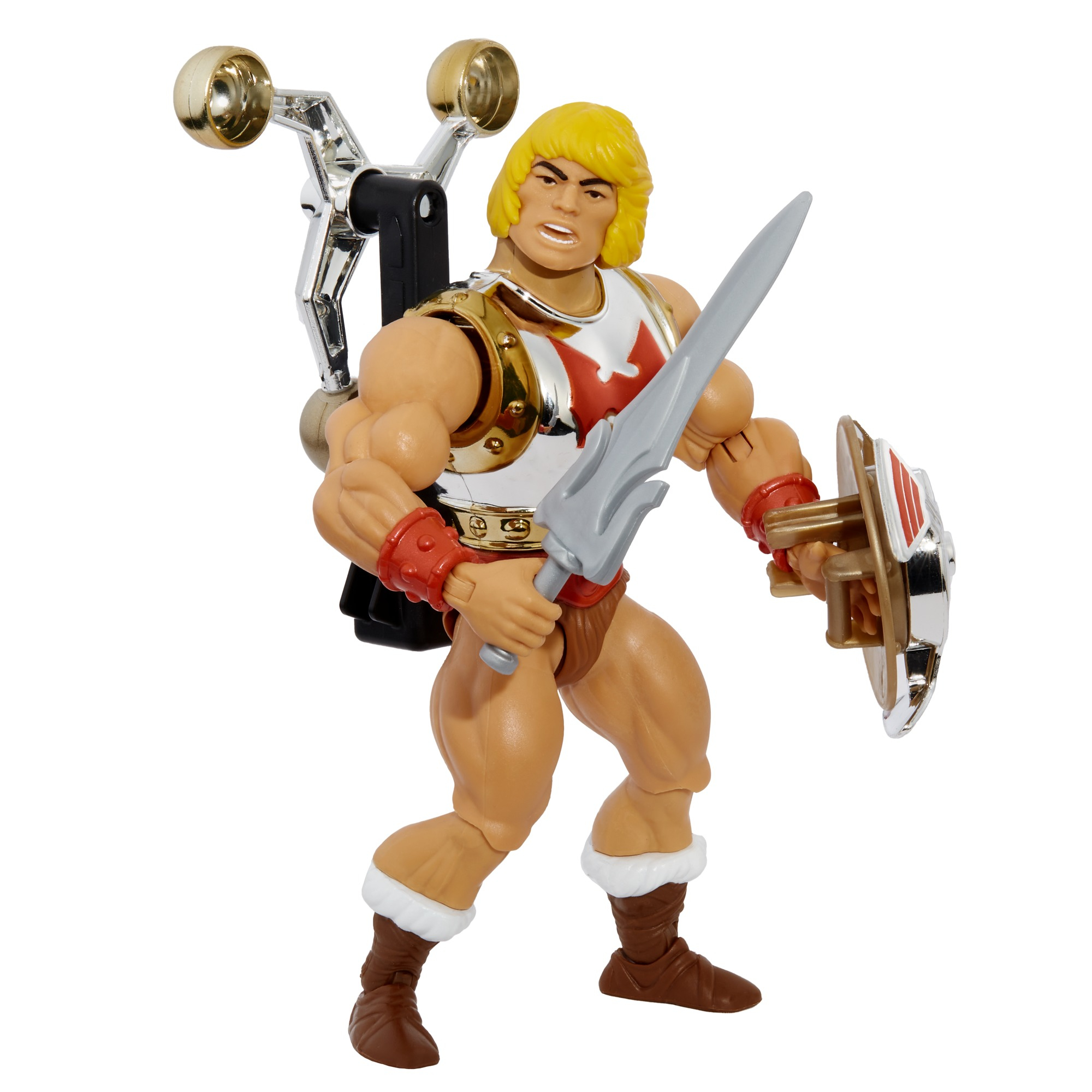 Action figure di He-Man con spada e scudo. Capelli biondi, fisico muscoloso, indossa armatura, stivali e jetpack.