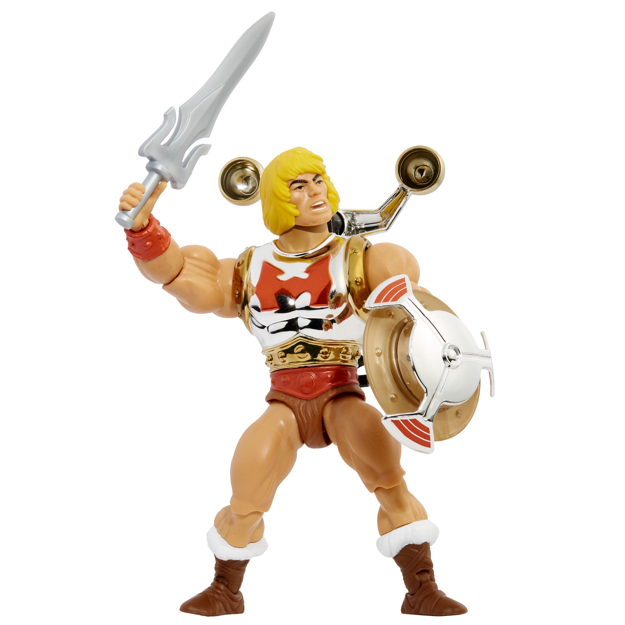 Action figure di He-Man con spada e scudo. Ha una placca pettorale metallica e capelli biondi. Lo sfondo è bianco.