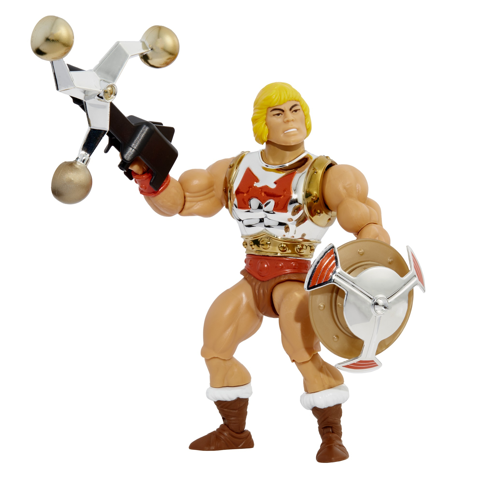 Action figure di He-Man, capelli biondi, con un'arma e uno scudo, indossa un'armatura e stivali, su sfondo bianco.