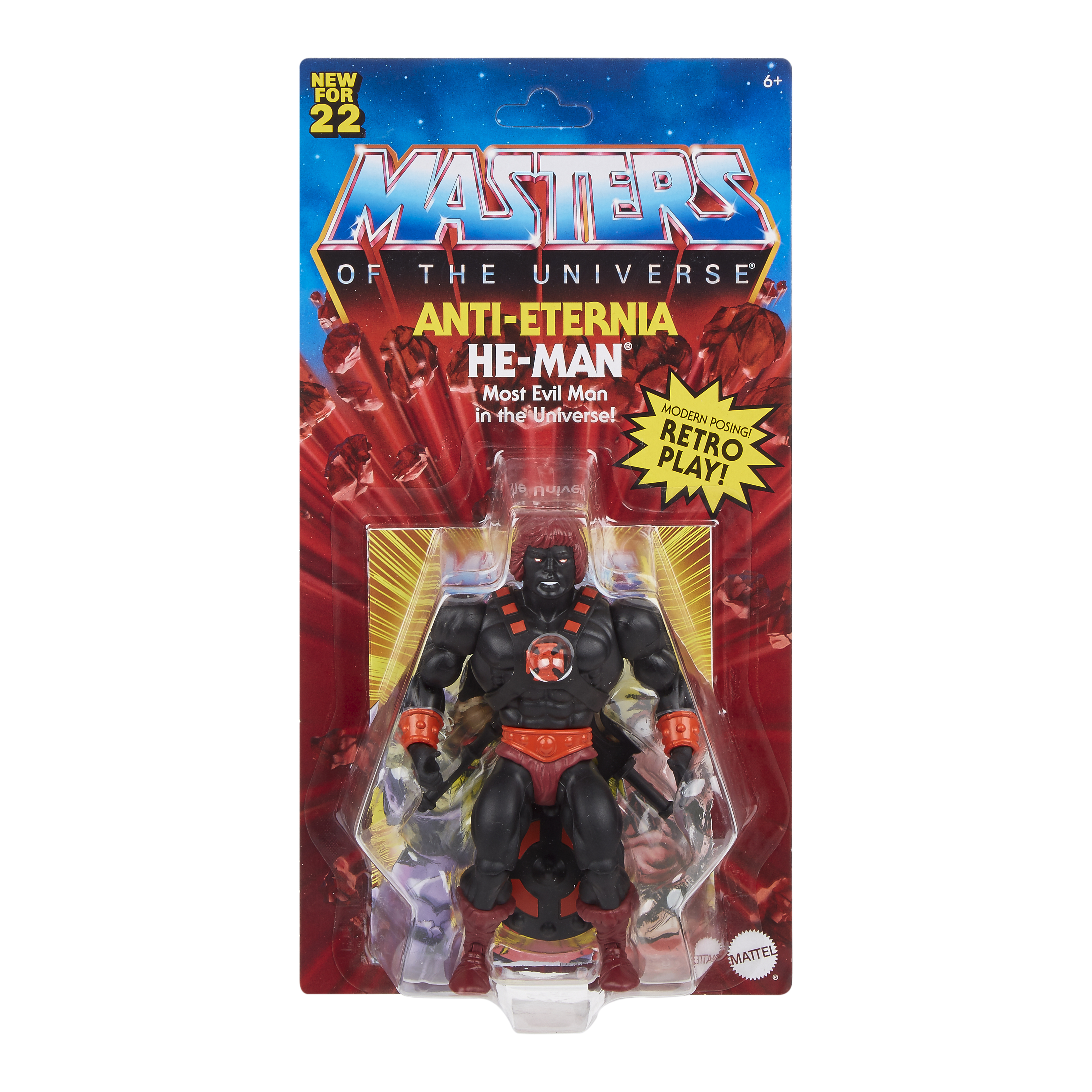 Actionfigur von Anti-Eternia He-Man in einer Blisterpackung. Die Figur ist schwarz mit roten Akzenten, die Verpackung rot und blau.