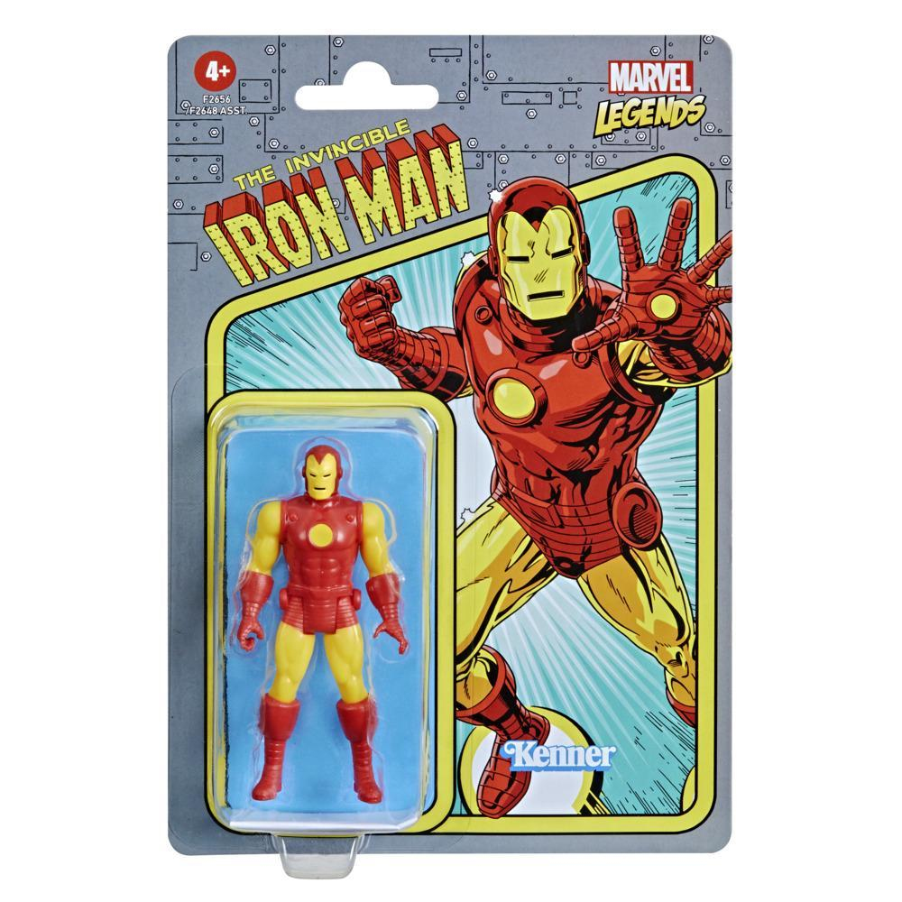 Figurka Iron Mana w opakowaniu. Czerwono-żółta zbroja, ilustracja komiksowa. Widoczne logo Marvel Legends i Kenner.