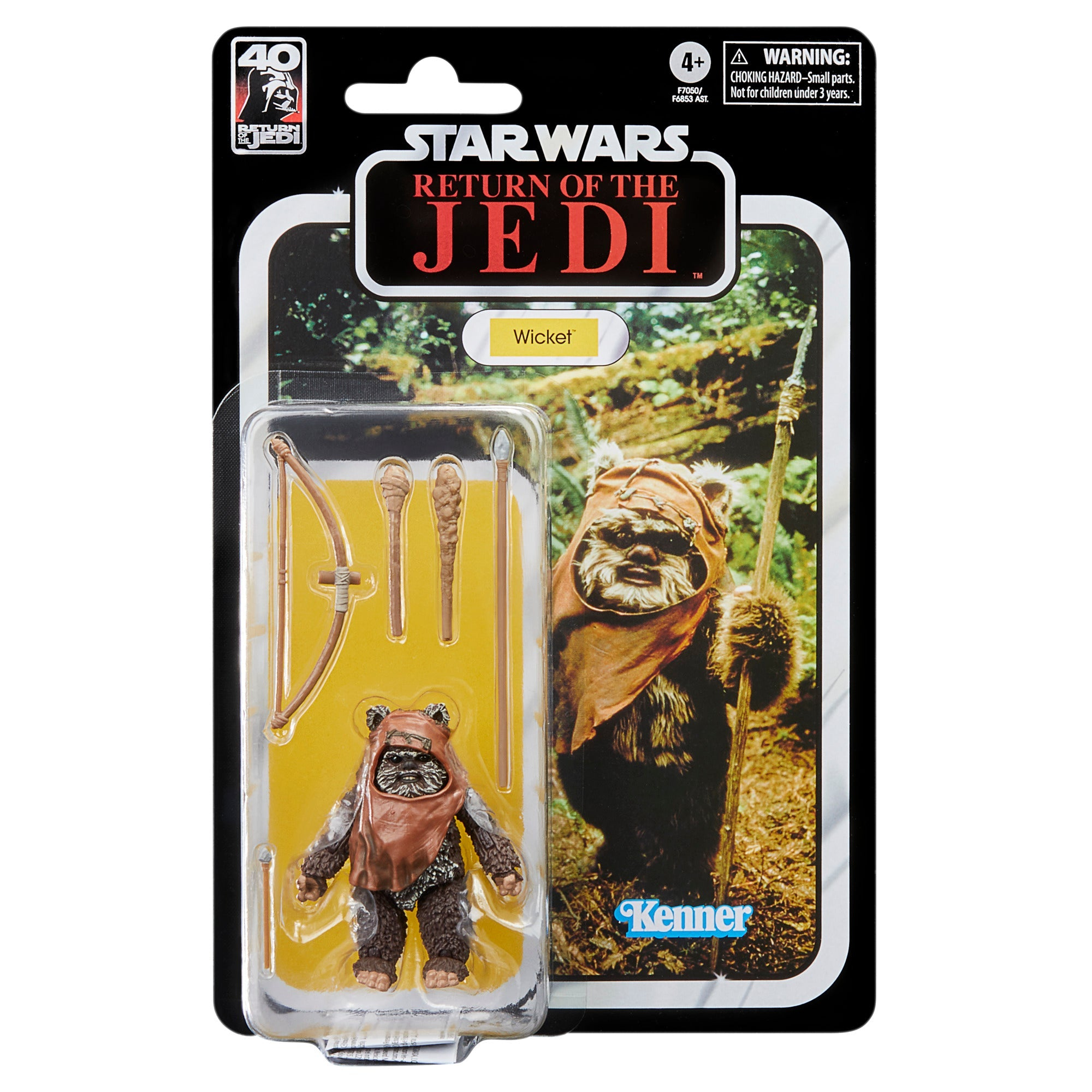 Opakowanie figurki Star Wars. Zawiera Wicket Ewok, akcesoria i leśne tło.