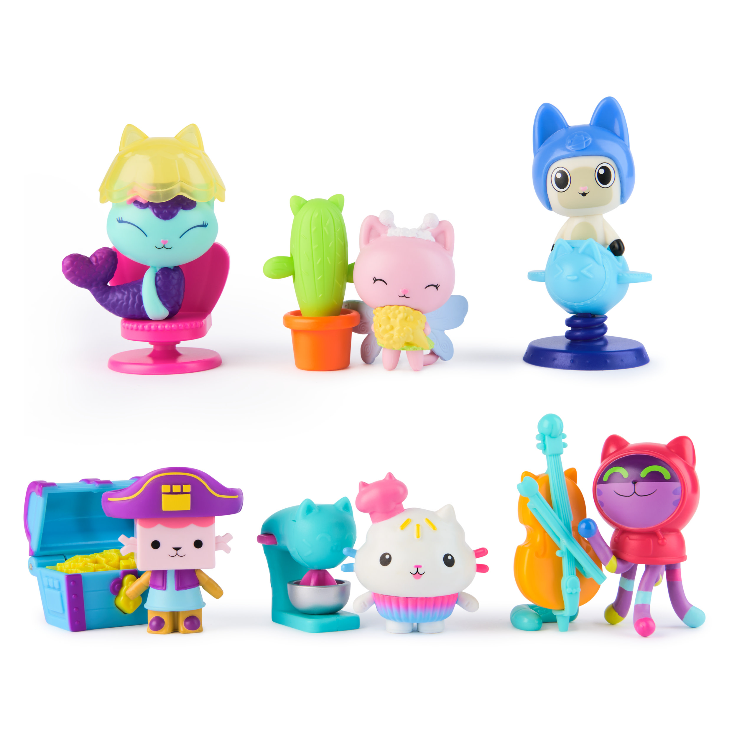 Seis figuras de gatos. Cada gato está vestido de forma única, incluyendo una sirena, un hada, un pirata, un chef, un músico y un gato con casco.