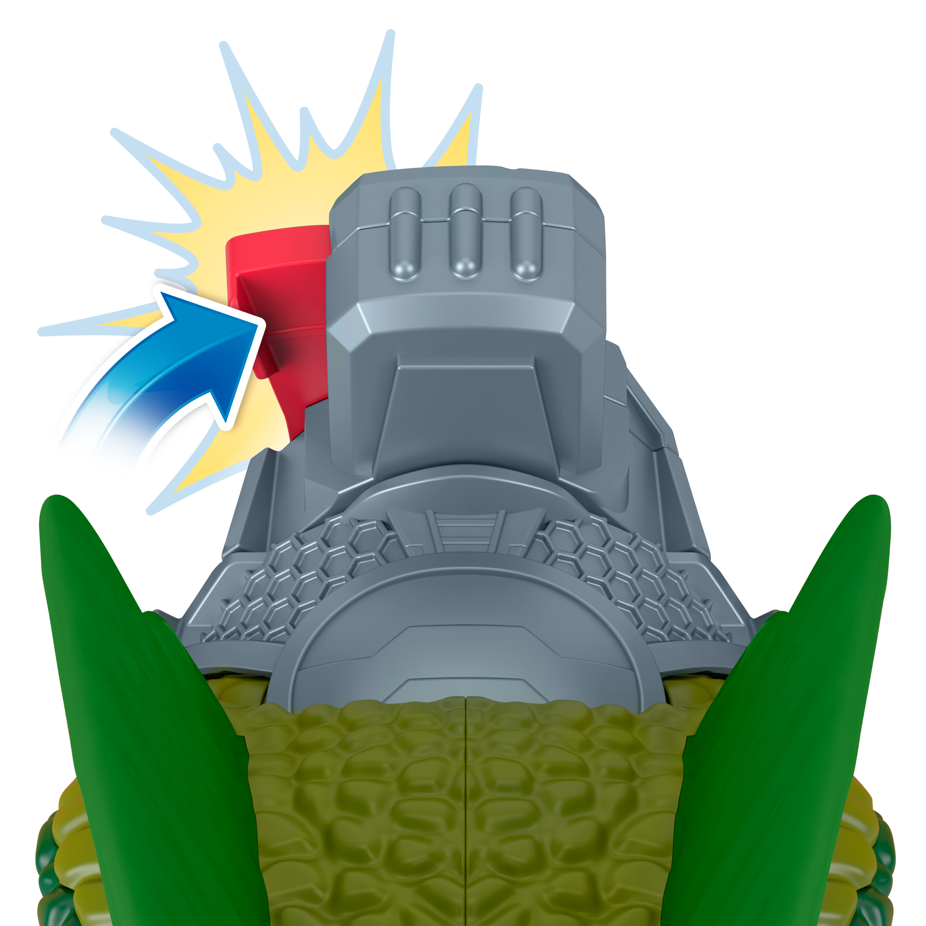 Głowa robota-zabawki z czerwoną pięścią, niebieską strzałką i zielonymi rogami na białym tle.