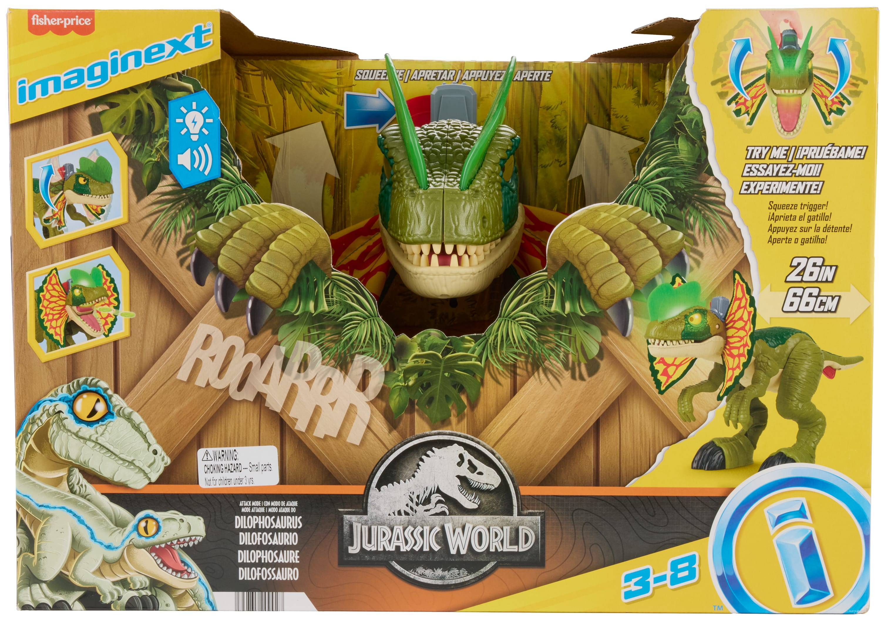 Pudełko z zabawkami Imaginext z Jurassic World. Ma zabawkę dinozaura. Pudełko jest zielone, żółte i brązowe.