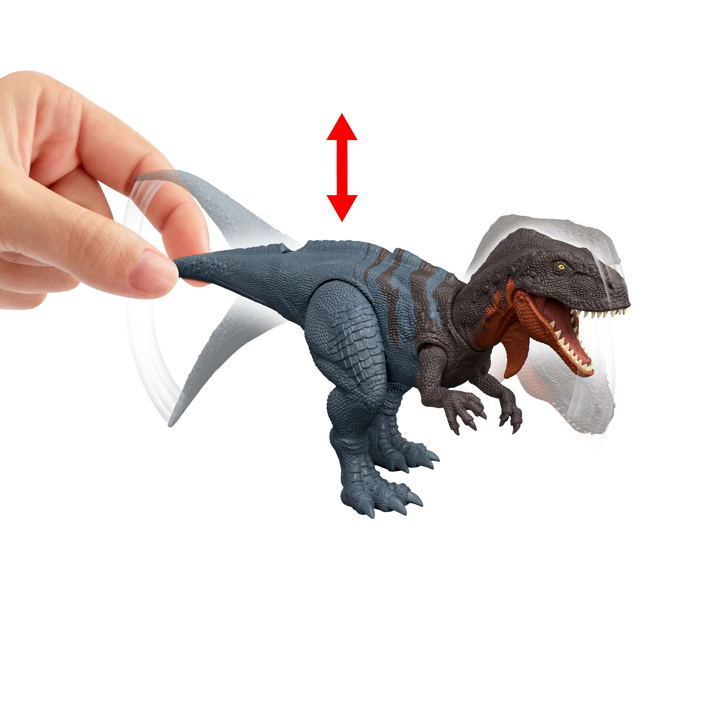 Mano manipola un giocattolo di dinosauro blu e marrone. Freccia rossa indica movimento su-giù della coda. Sfondo bianco.