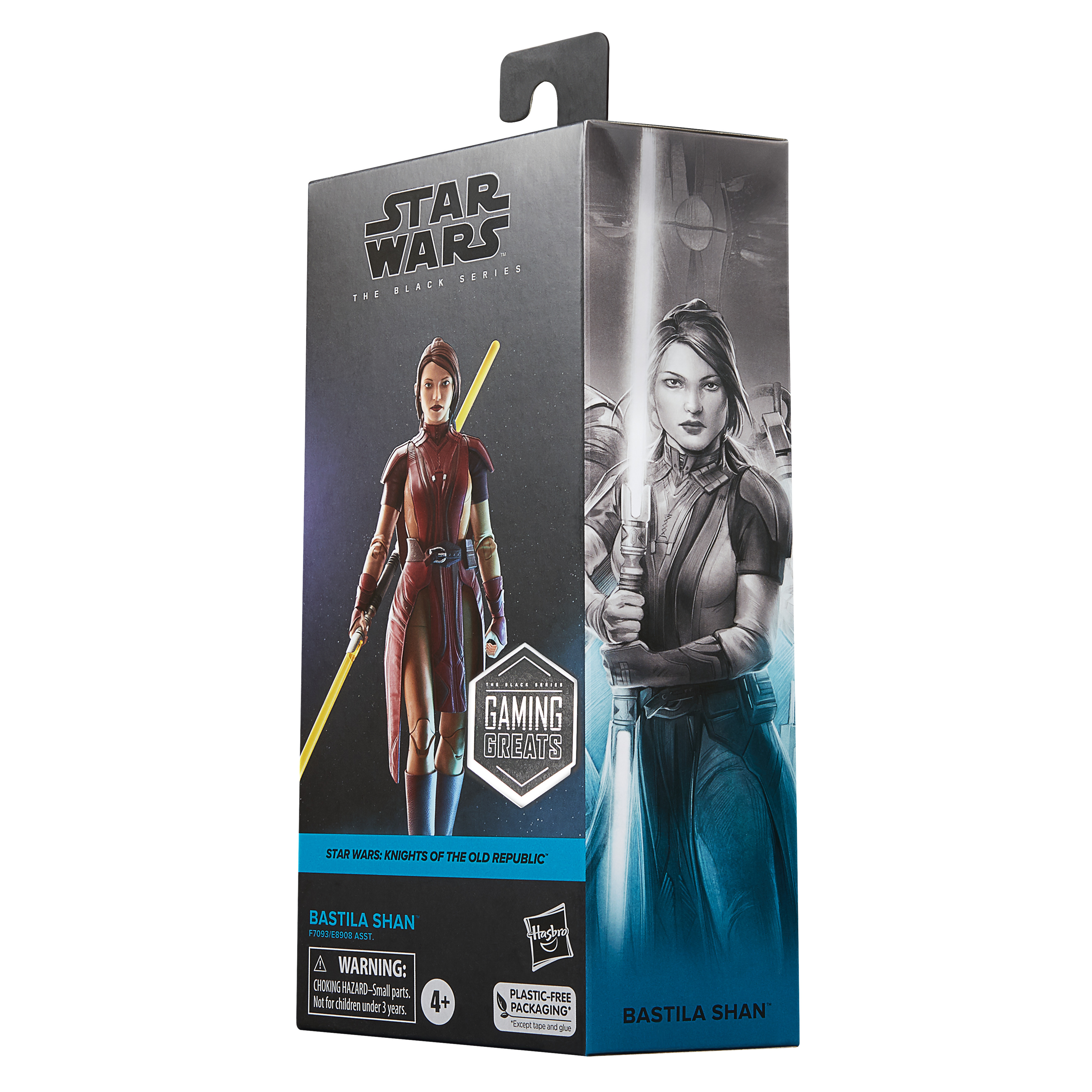 Una scatola di action figure di Star Wars. Mostra Bastila Shan con una spada laser. La scatola ha loghi e testo.