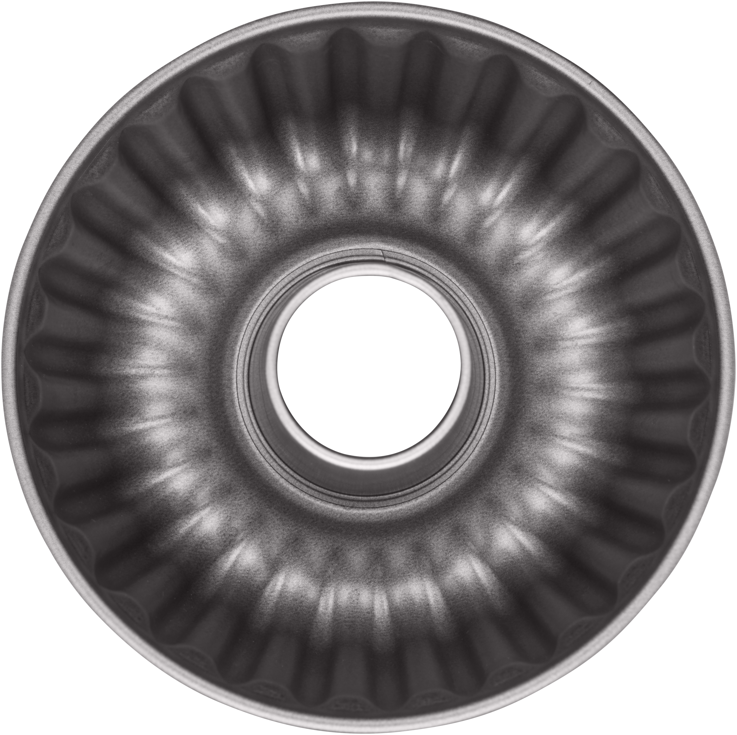 Szara, karbowana forma do babki na białym tle. Ma centralny otwór i żebrowany wzór po bokach.