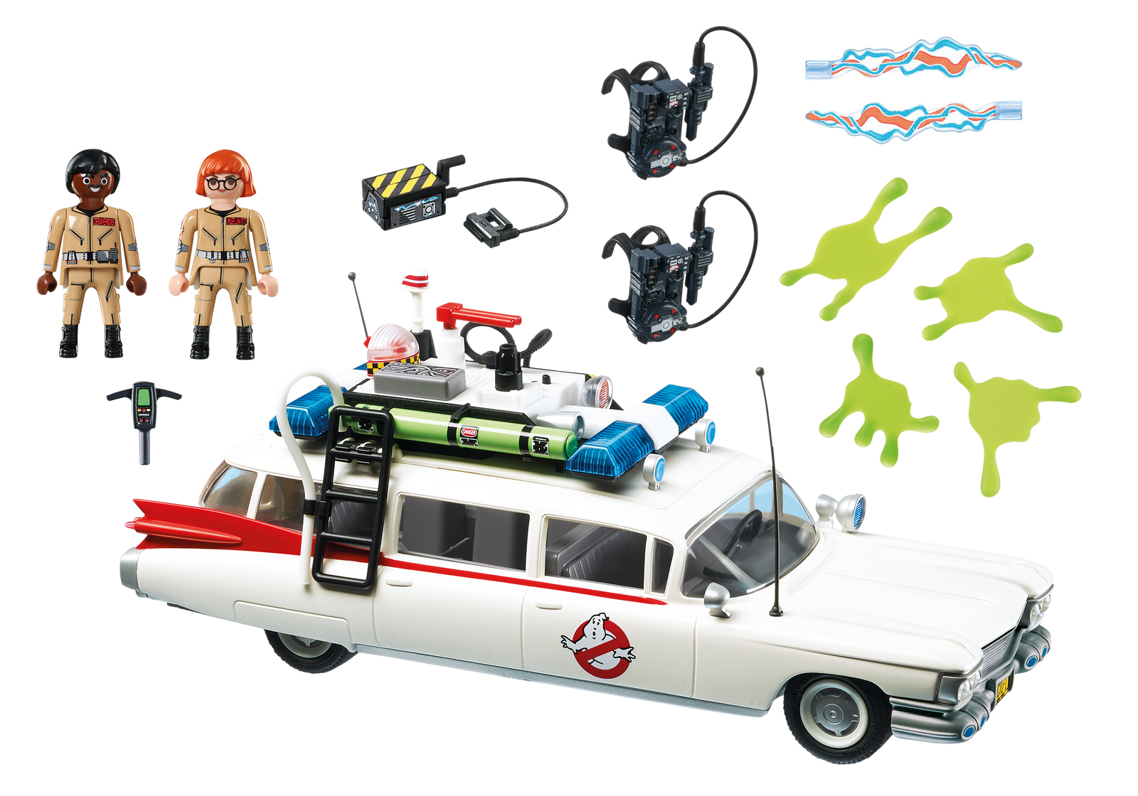 Zestaw zabawek Ghostbusters. Zawiera figurki, samochód Ecto-1, plecaki protonowe, szlam duchów i inne akcesoria.