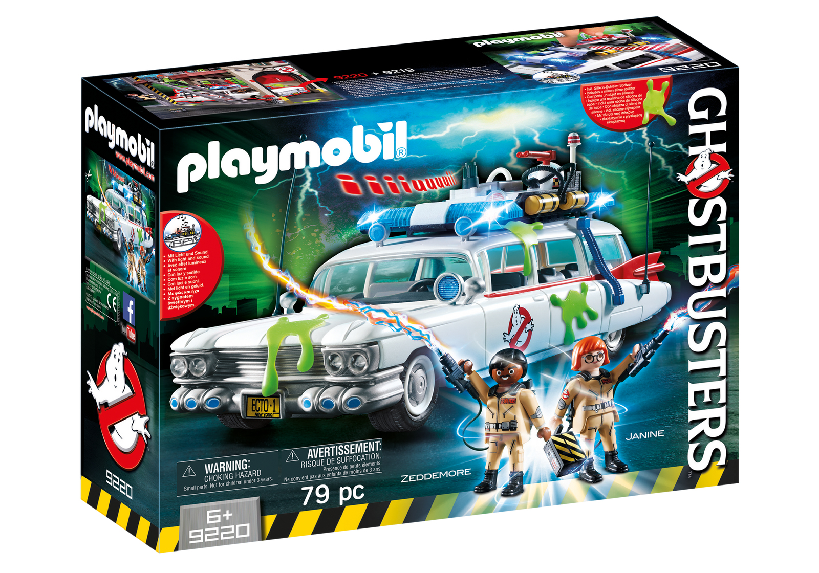 Pudełko zestawu Playmobil Ghostbusters. Pokazuje samochód Ecto-1, dwie figurki i logo Ghostbusters. Pudełko jest zielono-czarne.